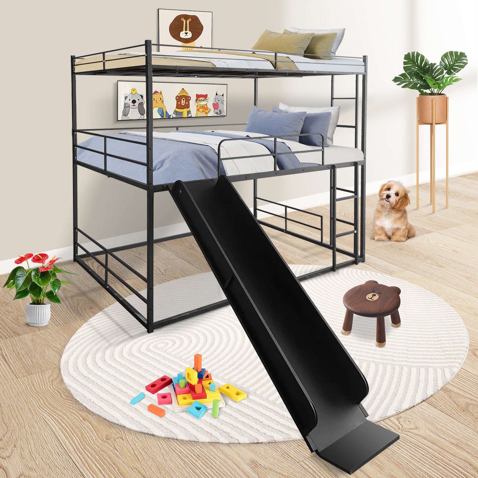 Twin Size House Loft Bed With Slide And Ladder, Black Twin Black Metal