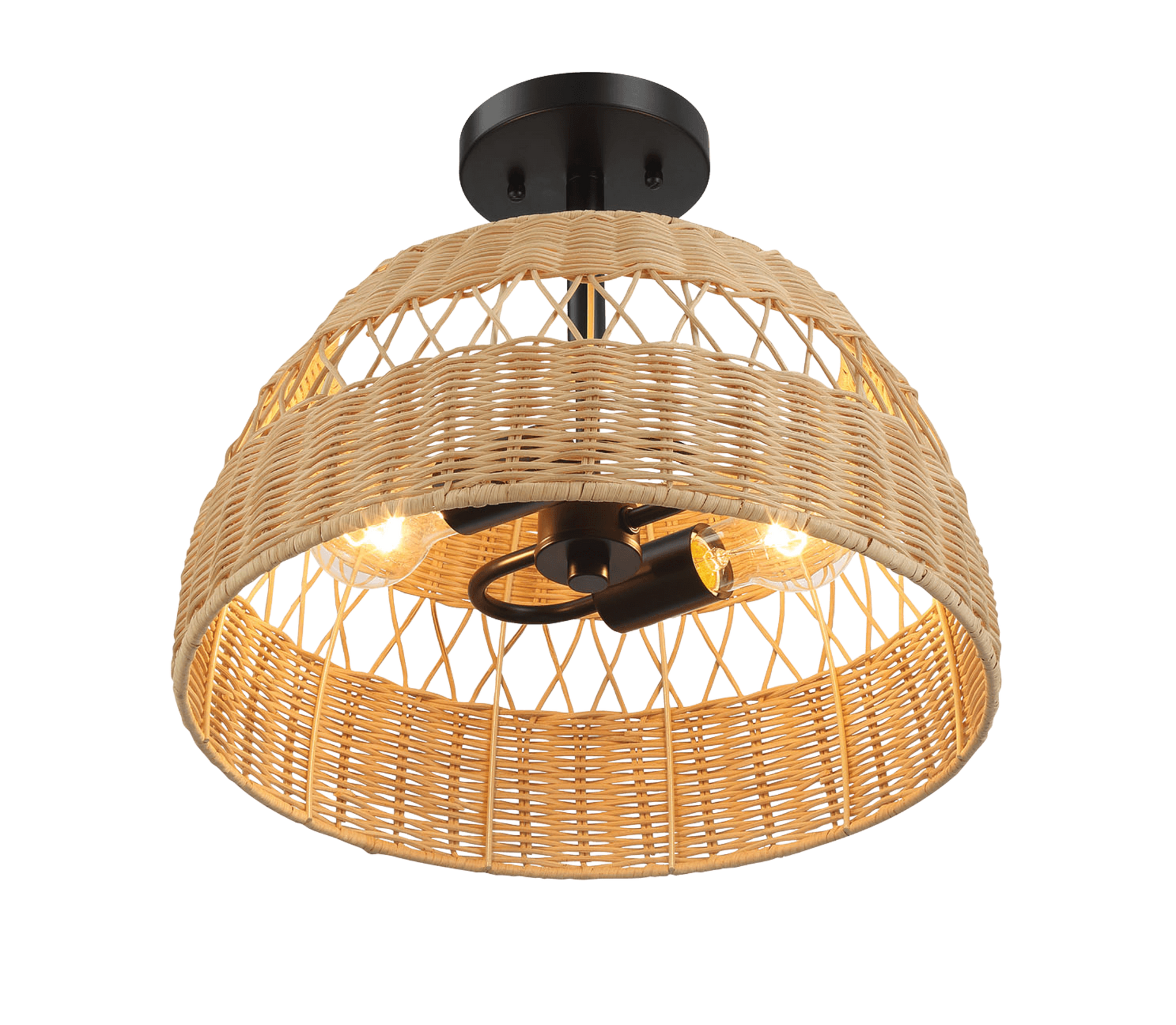 Twinkle Double Lights Semi Flush With Rattan Shade Black Metal Finish For Farmhouse Style Black,Rattan Ceiling Lights Farmhouse Metal,Rattan