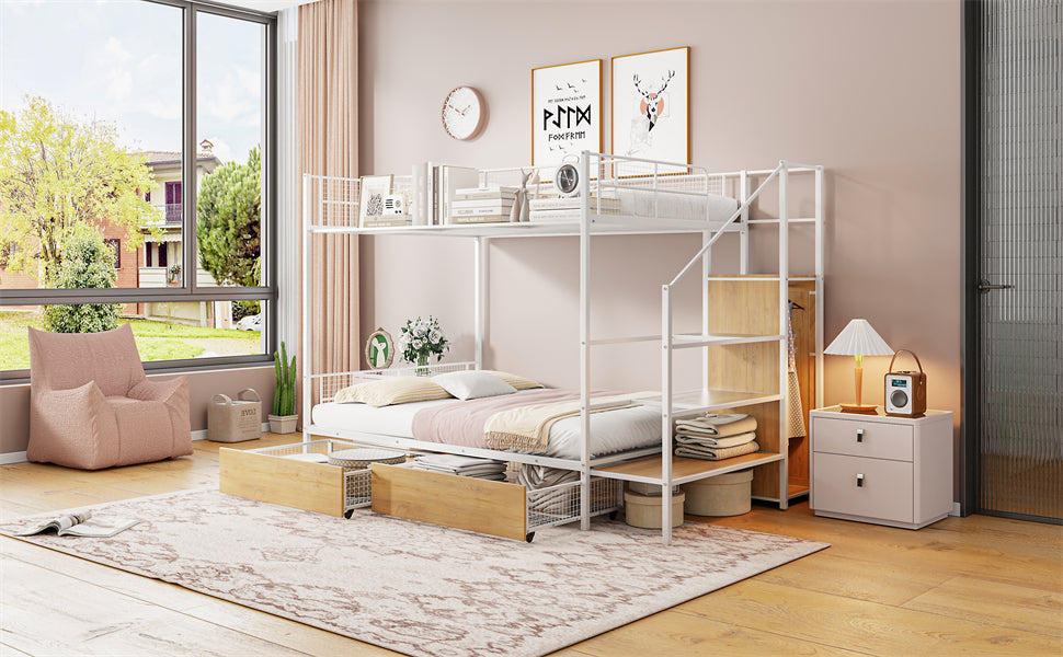 Twin Over Full Metal Bunk Bed With Drawer And Lateral Storage Ladder And Wardrobe, White White Metal