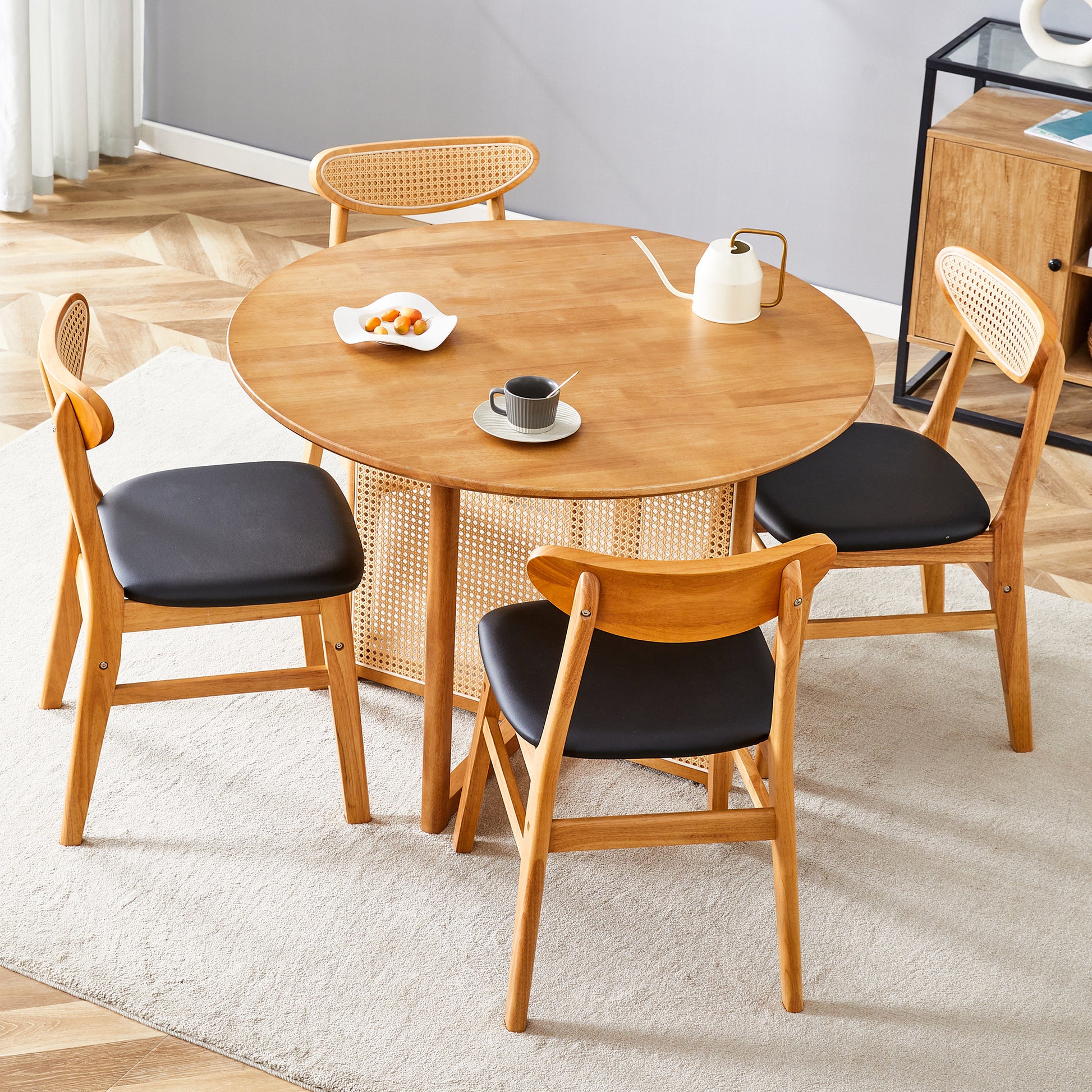 Table And Chair Set, Ancient Style Solid Wood Dining Table, Imitation Rattan Table Legs, Beautiful Simple Solid Wood Dining Chair, Perfect For Dinner, Meetings, Home And Office Decoration Wood Rubber Wood