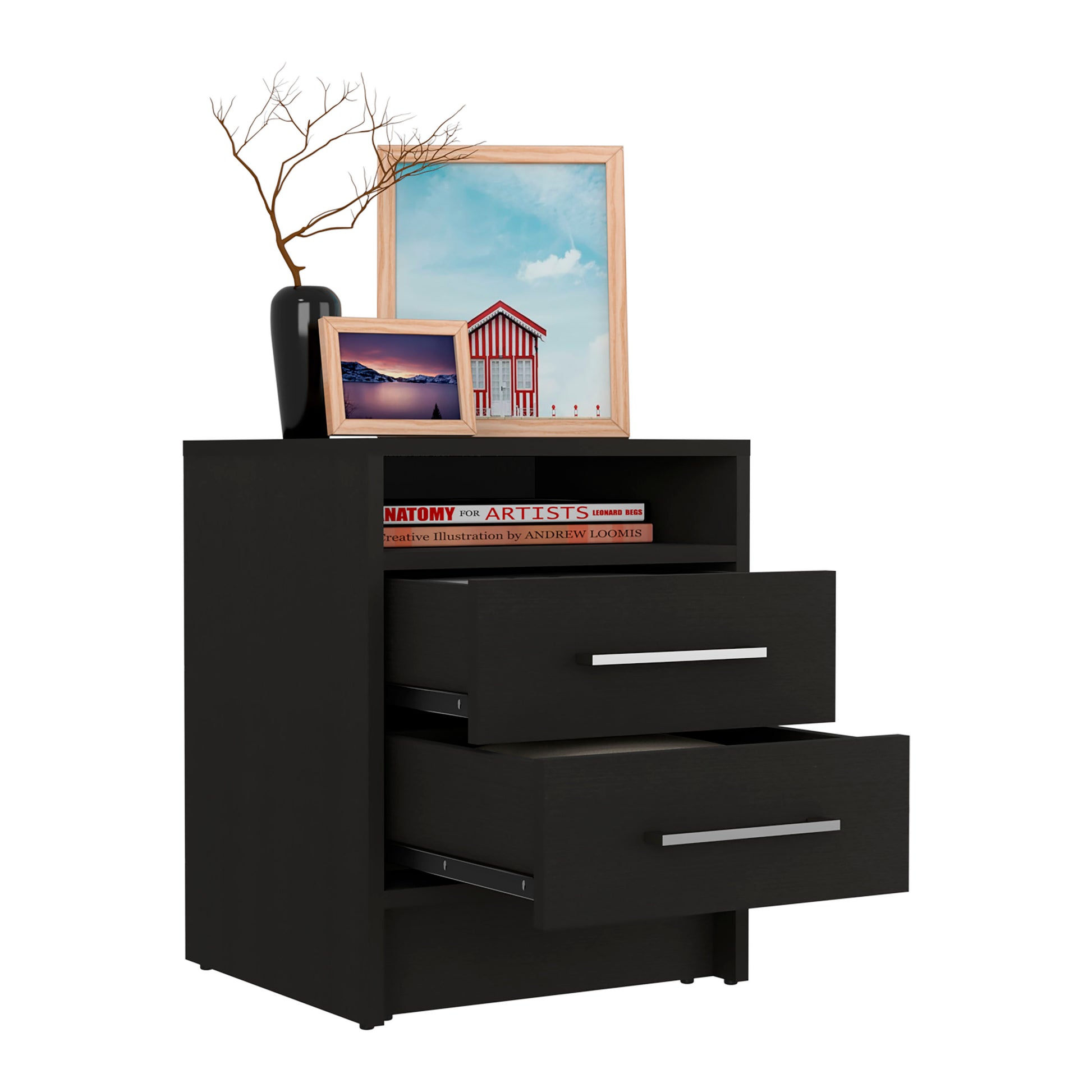 Greter 24" Two Drawer Night Stand With Open Shelf Black Black Particle Board