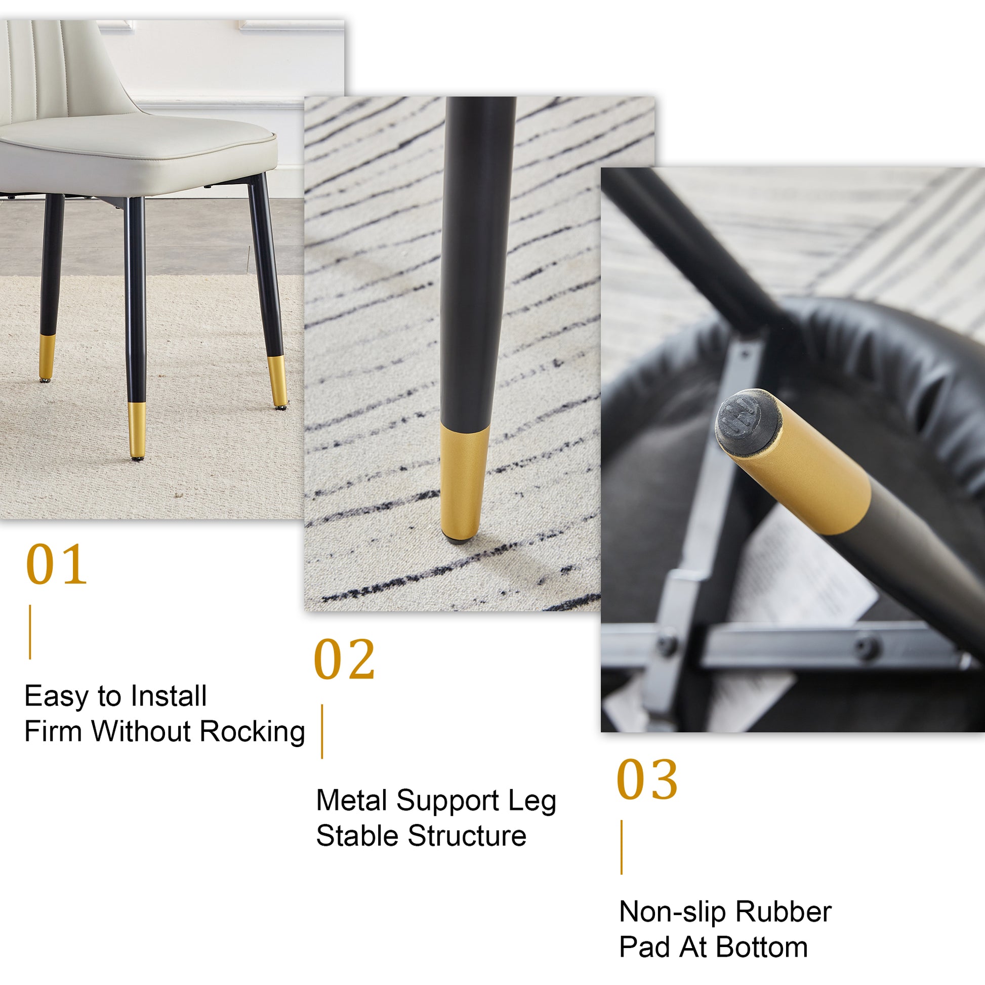 Table And Chair Set.Modern Rectangular Dining Table With Black Textured Stickers Glass Tabletop And Gold Plated Metal Legs.Paried With 6 Comfortable Chairs With Pu Seats And Black Metal Legs. Black Gold,Light Gray Seats 6 Glass Metal