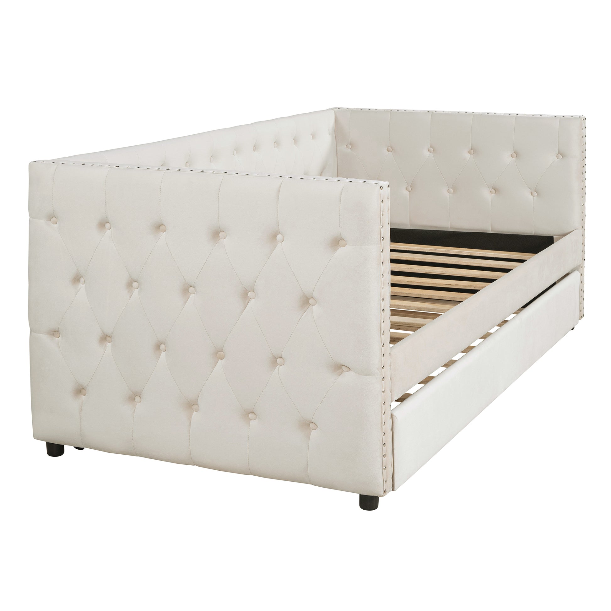 Twin Size Tufted Upholstered Daybed With Trundle, Velvet Sofabed With Rivet Design, No Box Spring Needed,Beige Twin Beige Velvet