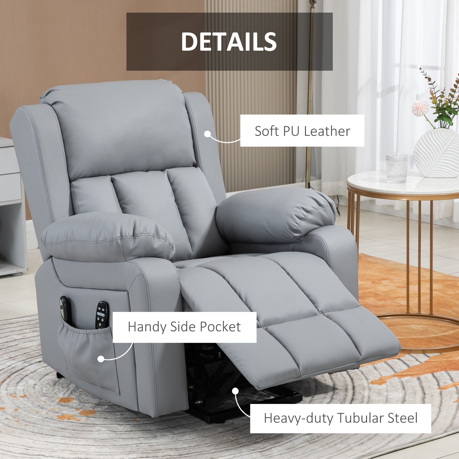 Homcom Electric Power Lift Recliner Chair, Pu Leather Reclining Chair With Vibration Massage, Heated, Remote Control, Side Pockets, For Elderly, Gray Gray Pu Leather