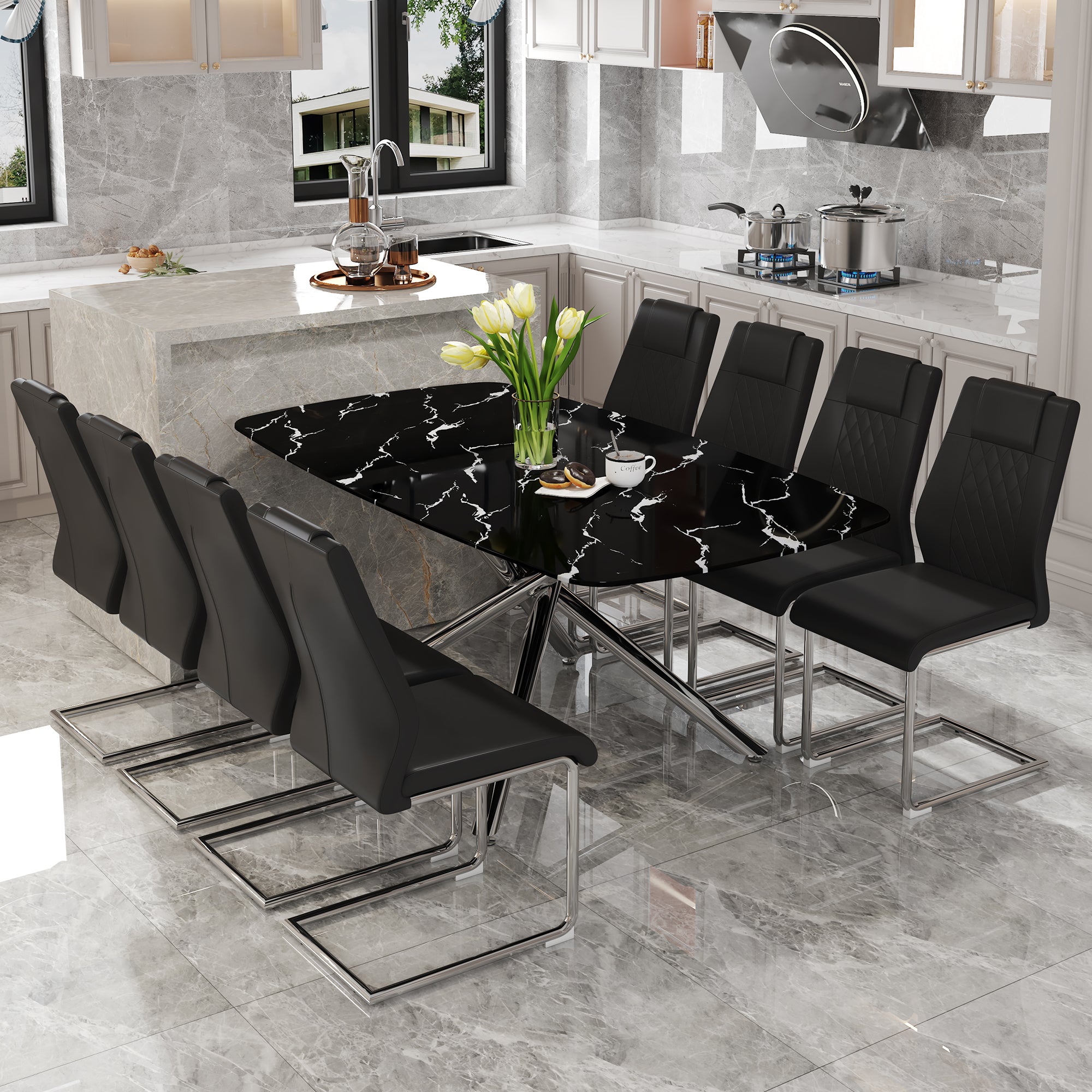 Table And Chair Set.Table And Chair Set.Modern Luxurious Black Marble Patterned Tempered Glass Dining Table With 8 Black Pu Chairs.Multiple High Quality Pu Dining Chairs With Silver Legs.