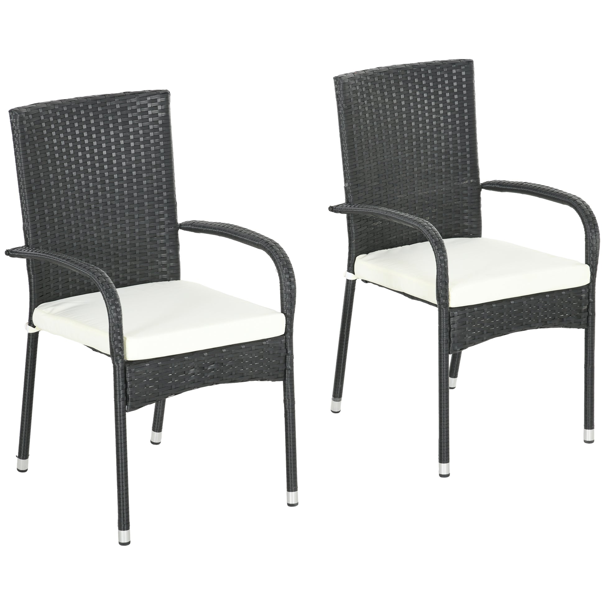 Outsunny Stackable Pe Rattan Outdoor Dining Chairs With Cushions, Set Of 2 Patio Wicker Dining Chairs With Armrests And Backrest For Patio, Deck, Cream White White Steel