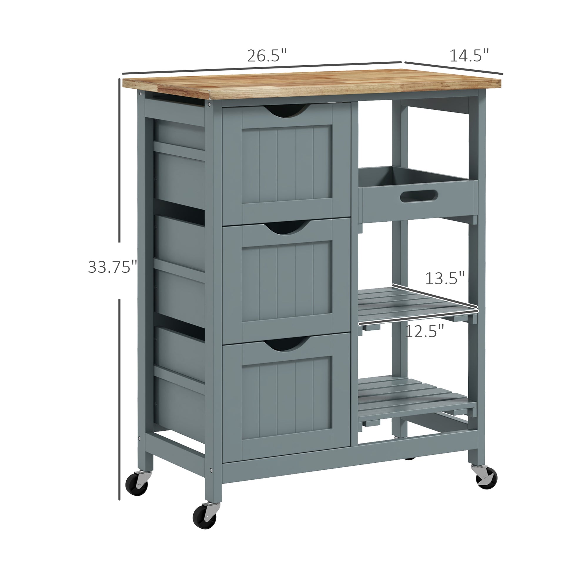 Homcom Rolling Kitchen Island Cart, Bar Serving Cart, Compact Trolley On Wheels With Wood Top, Shelves & Drawers For Home Dining Area, Gray Gray Mdf