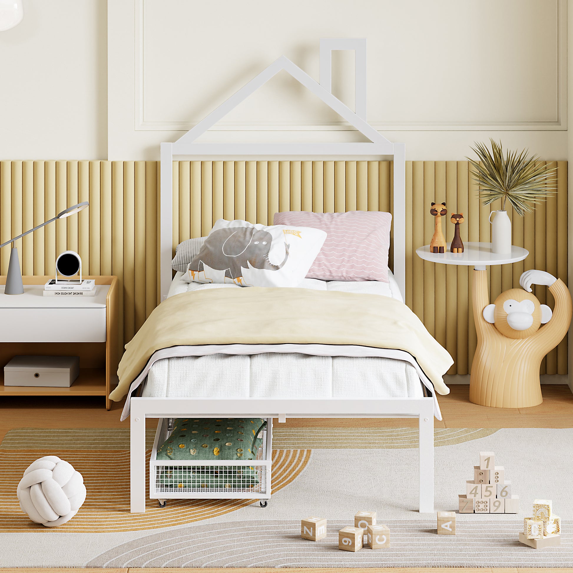 Twin Size Metal Platform Bed With Two Drawers,House Shaped Headboard Design, White Twin White Metal