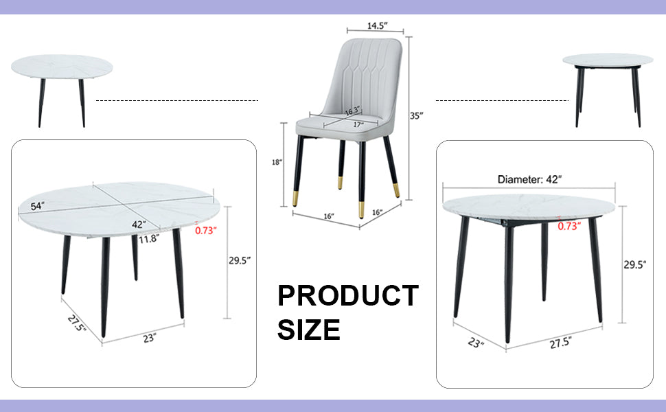 Table And Chair Set.Modern Extendable Mdf Dining Table.The Table Has A Telescopic Design, Suitable For Gatherings Of Different Size.Paired With 6 Light Gray Chairs With Pu Cushions And Metal Legs. Light Gray,White Seats 6 Mdf Metal