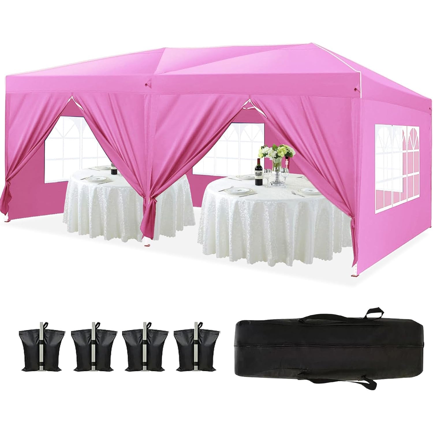 10'X20' Folding Canopy With 6 Removable Sidewalls Outdoor Event Shelter Upf 50 Gazebo Portable Tents For Parties Beach Camping Wedding Ez Pop Up Canopy Pink Metal