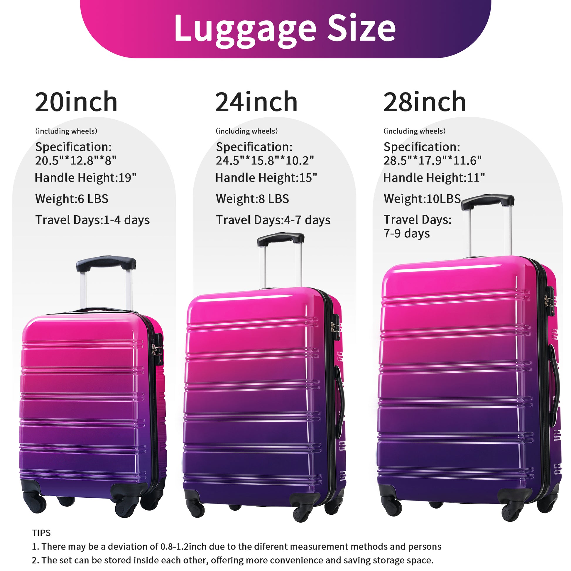 Hardshell Luggage Sets 3 Piece Gradient Color Expandable Suitcase With Spinner Wheels And Tsa Lock Lightweight 20" 24" 28" Available,Purple And Pink Multicolor Purple Pc