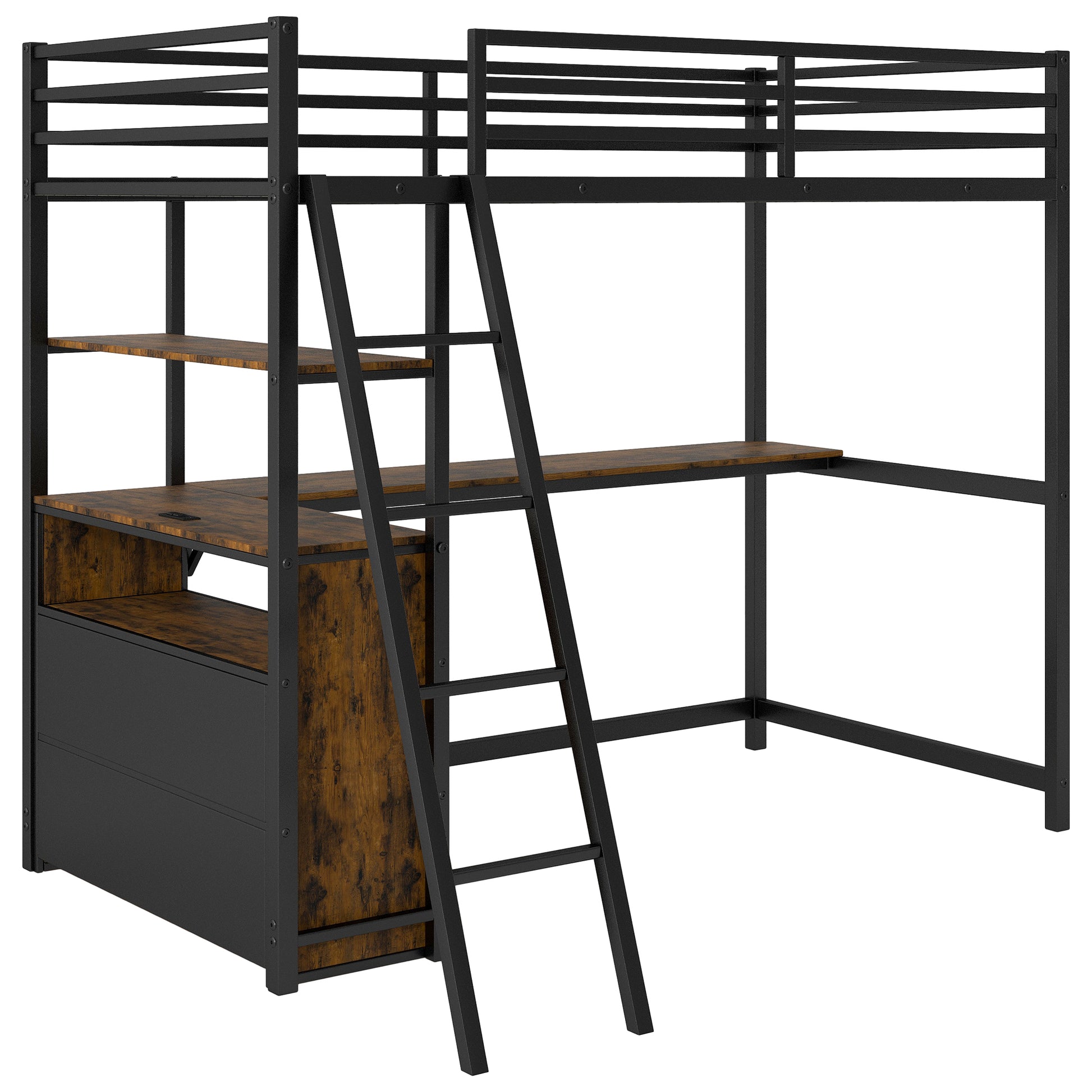 Twin Size Metal&Wood Loft Bed With Desk And Shelves, Two Built In Drawers, Led Light And Usb Charging Station, Black Twin Black Metal & Wood