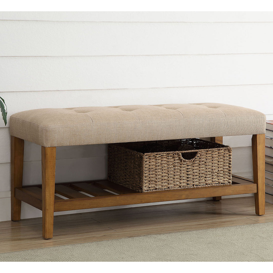 Beige And Oak Tufted Padded Seat Bench Beige Brown Bedroom Beige Contemporary Shelves Wood Fabric