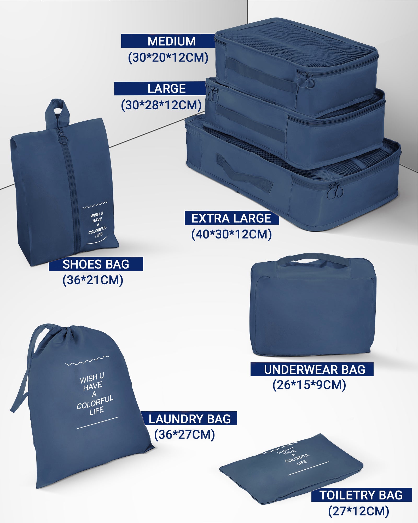 3 Piece Luggage Sets With 7 Pcs Organizer Bags For Kinds Of Travel Dark Blue Abs