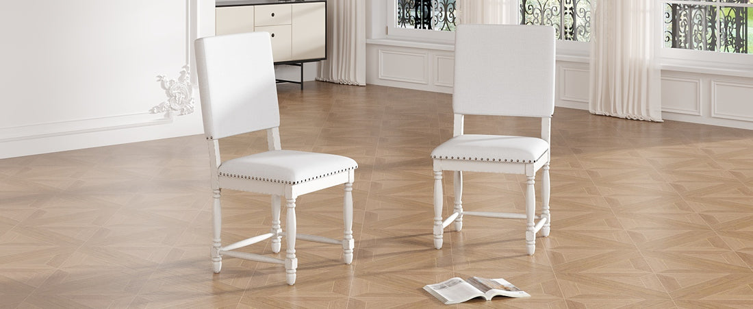 Vintage Traditional 2 Piece Upholstered Dining Chairs With Padded Backs, Cream Cream Dining Room Traditional Rubberwood Foam Rubber Wood