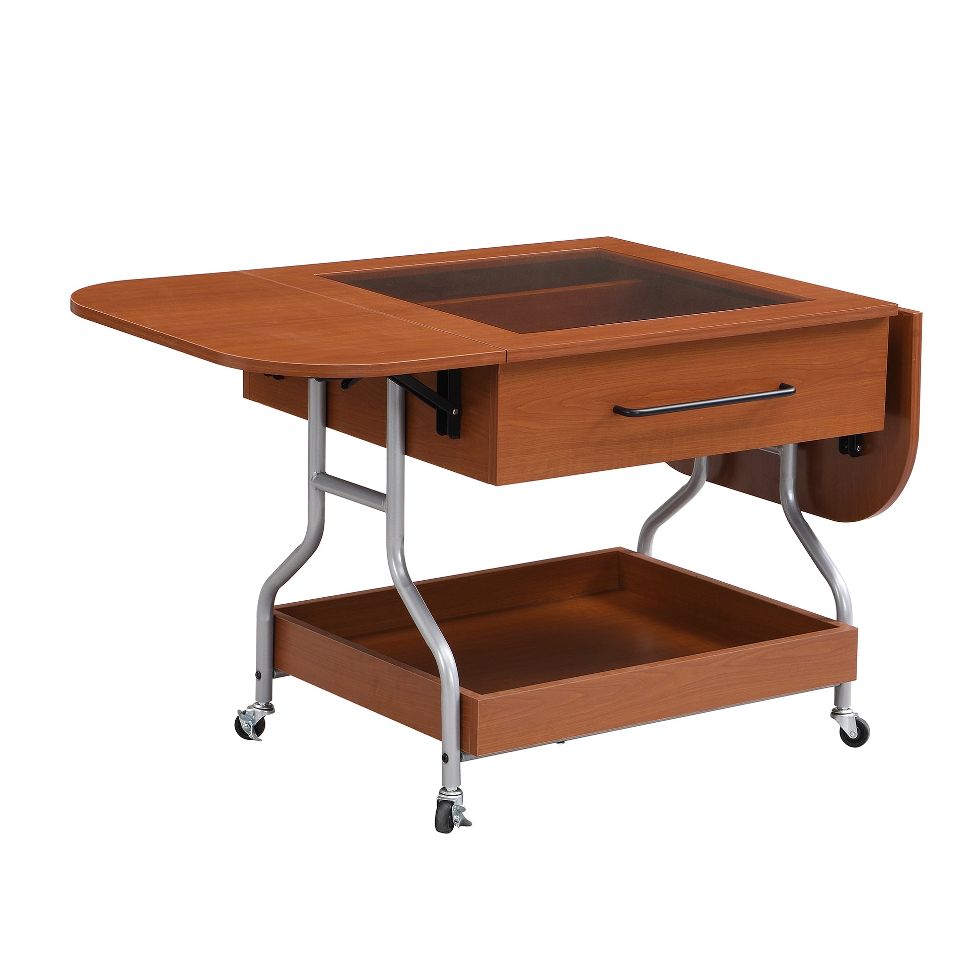 Modern Extended Coffee Table With Wheels, Folding Coffee Table With 1 Drawer And 2 Tier Storage, Metal Frame Coffee Table For Living Room Mahogany Glass,Mdf Metal