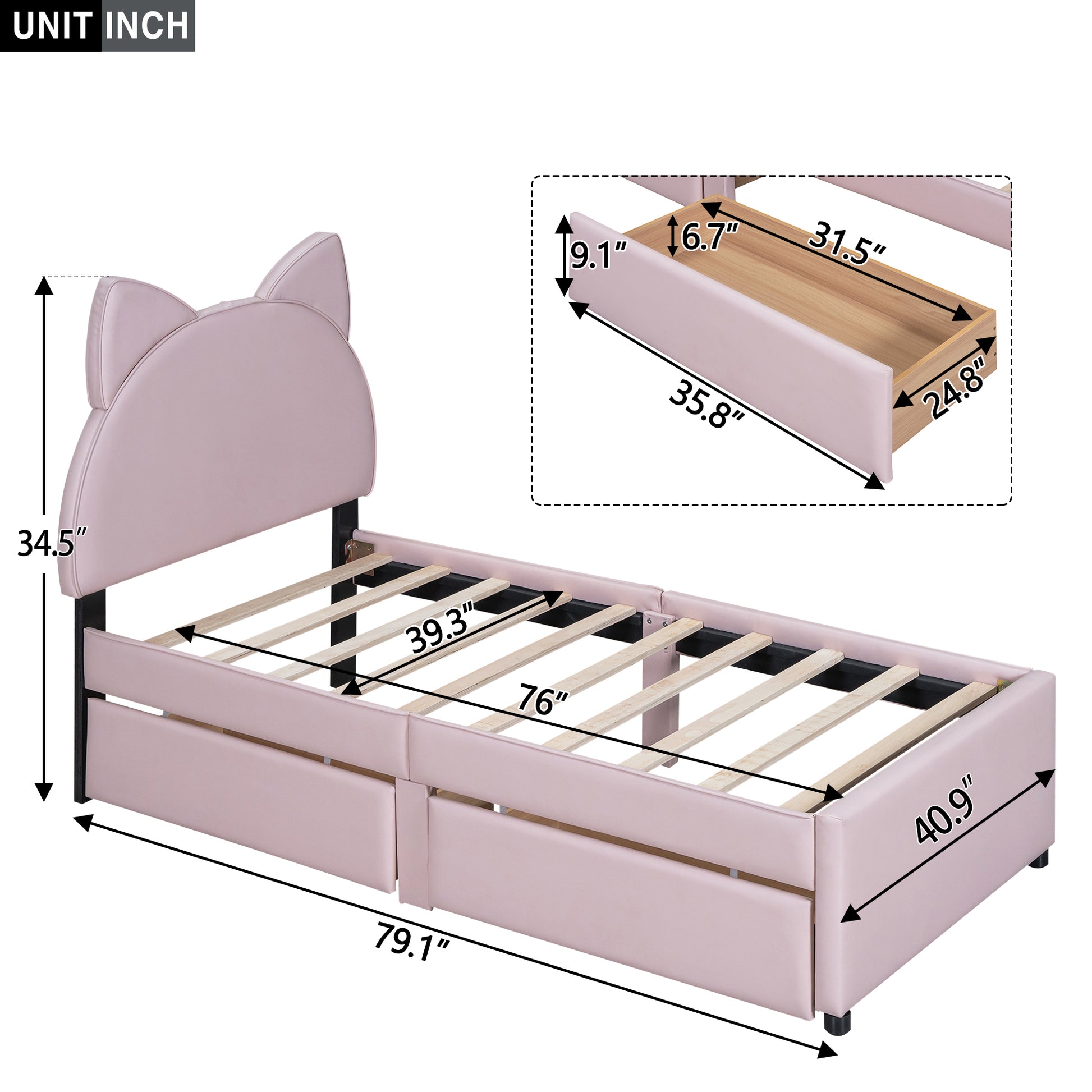 Twin Size Upholstered Platform Bed With Cartoon Ears Shaped Headboard And 2 Drawers, Pink Box Spring Not Required Twin Pink Wood Bedroom Bed Frame Faux Leather Upholstered