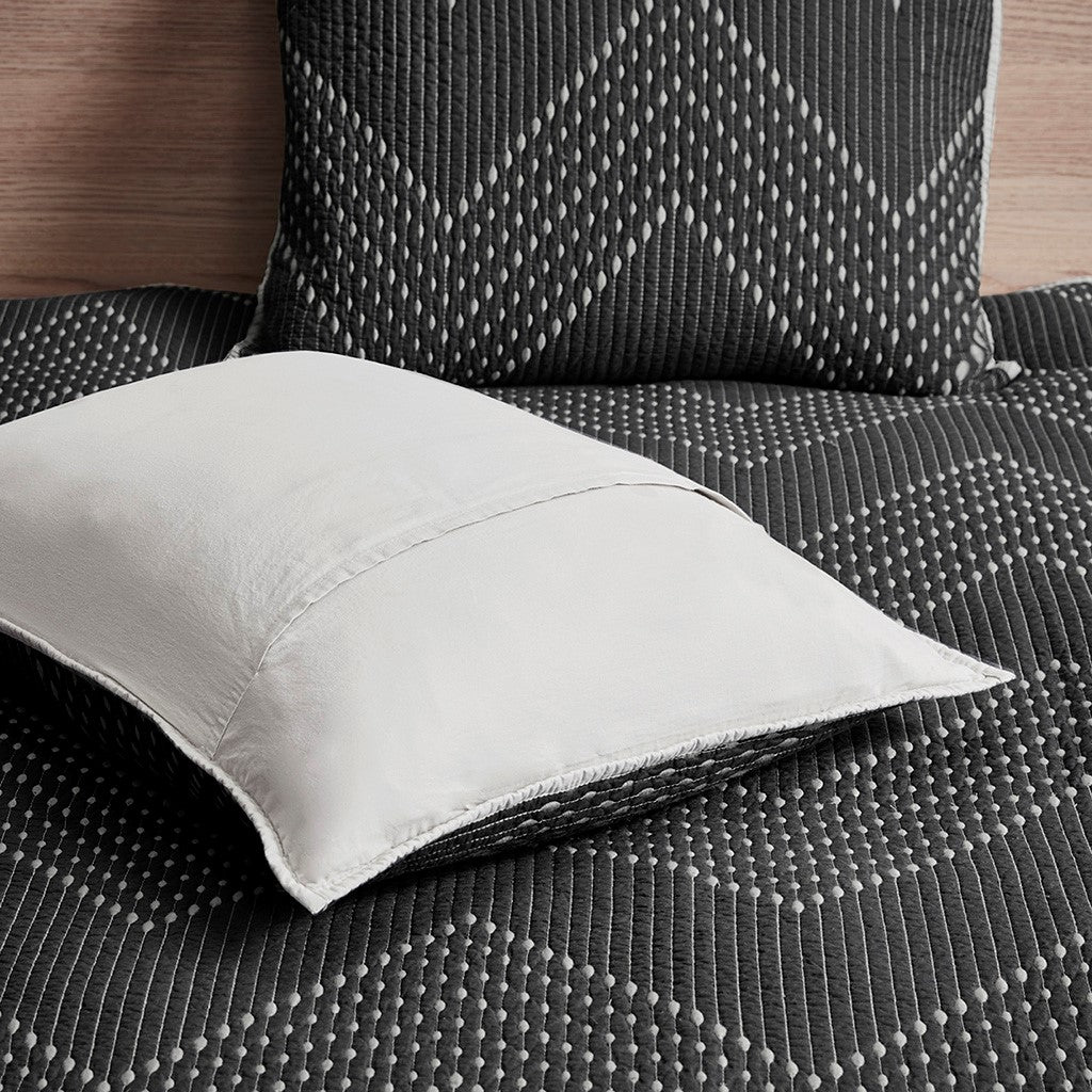 3 Piece Embroidered Cotton Quilt Set Black Full Queen Queen Black Cotton