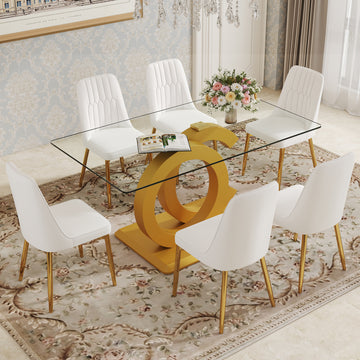 Table And Chair Set.63"W X 35.4"D X 30"H Clear Tempered Glass Desk And Chair Set With 6 White Pu Chairs With Gold Metal Legs.Bring A Comfortable Home Experience To The Kitchen, Bedroom, And Office.