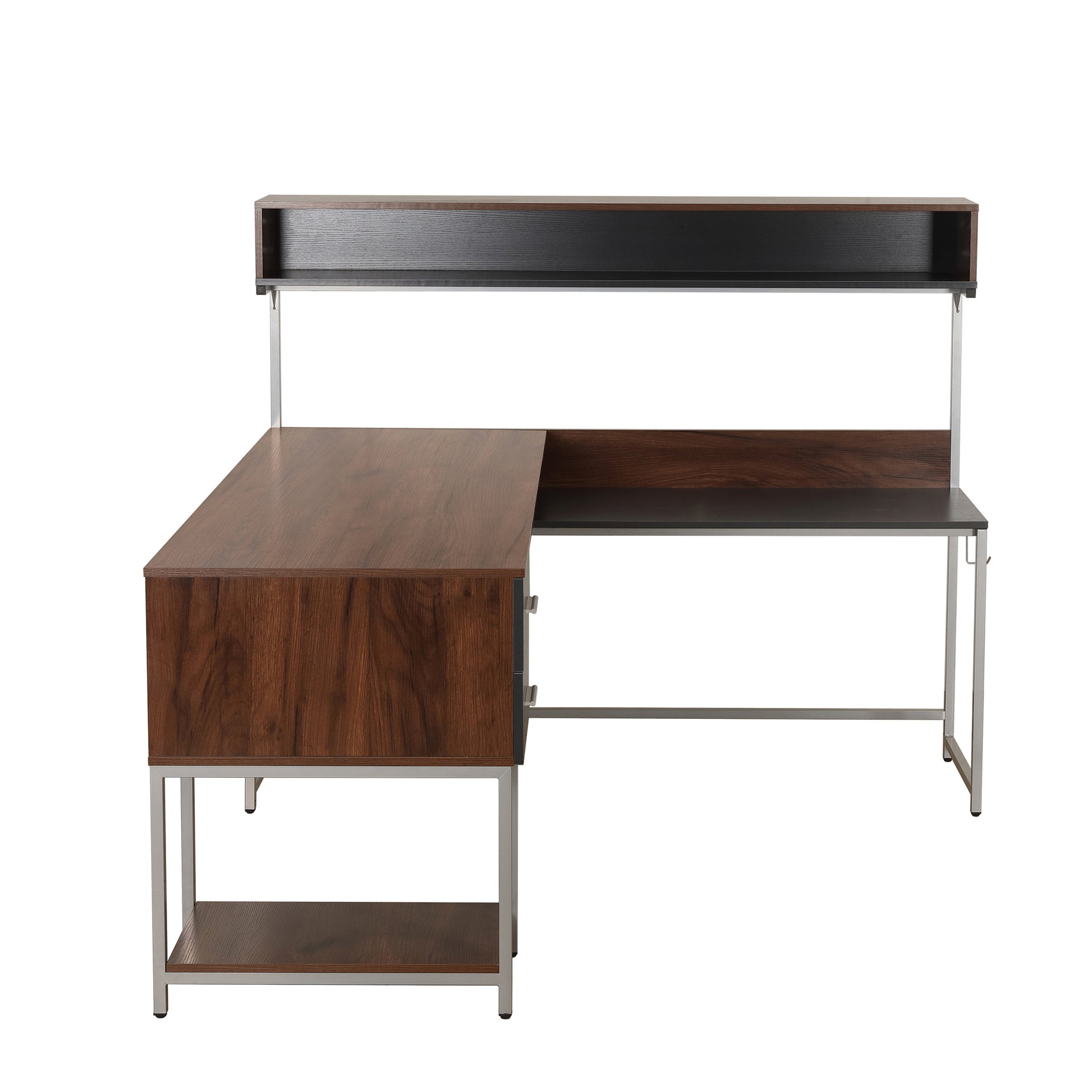 Techni Mobili L Shape Desk With Hutch And Storage, Walnut Walnut Computer Desk Office Modern L Shape Engineered Wood