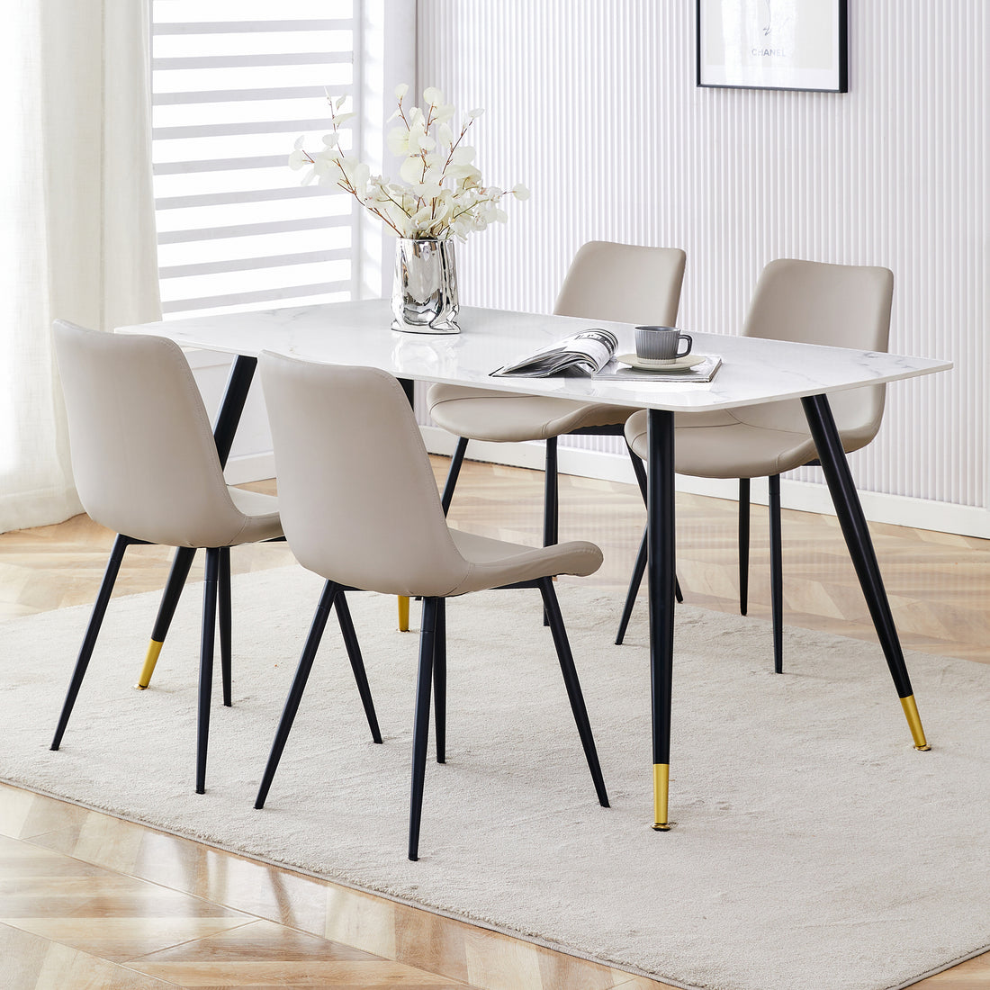 Table And Chair Set, White Imitation Marble Texture Rock Board Table Top, Black Metal Table Legs, Stable And Beautiful. Modern Simple Dining Table, Comfortable Seating. White Gray Seats 4 Metal