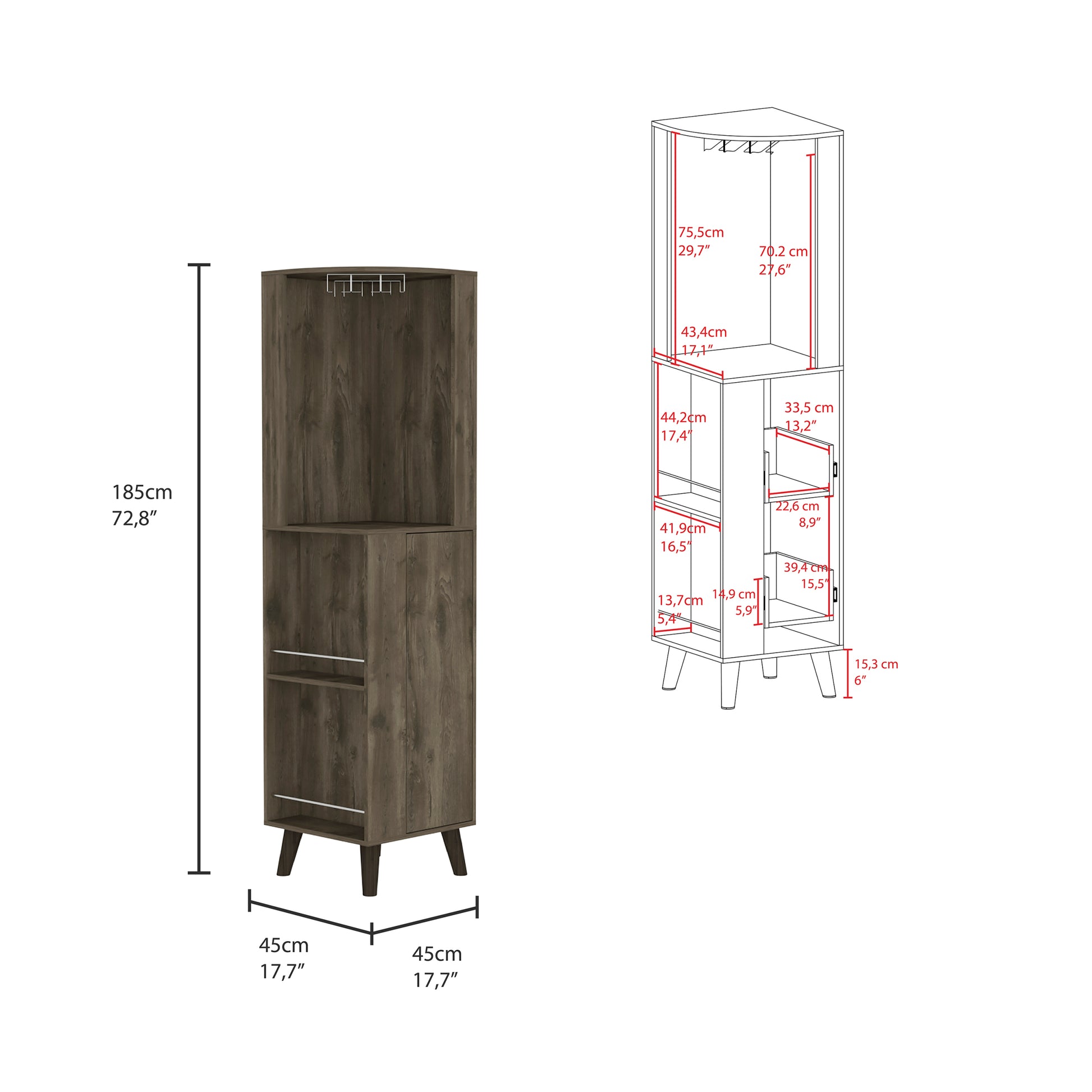 Cincinatti Corner Bar Cabinet, Cup Rack, Two External Shelves, One Drawer, Four Legs Dark Brown Brown Particle Board Particle Board