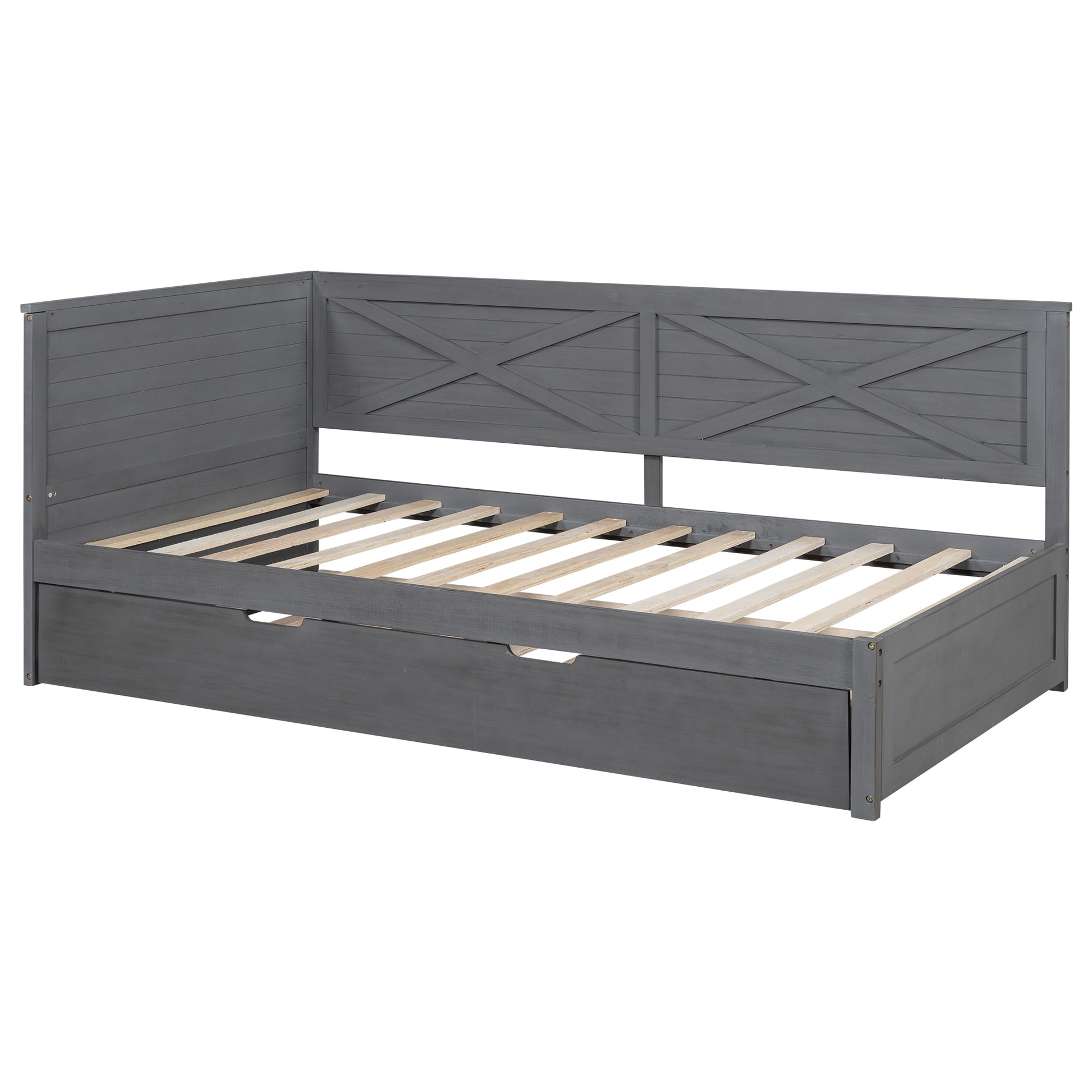 Twin Size Wood Daybed With Trundle And Rustic Guardrail, Ancient Grey Box Spring Not Required Twin Grey Wood Bedroom Solid Wood Mdf