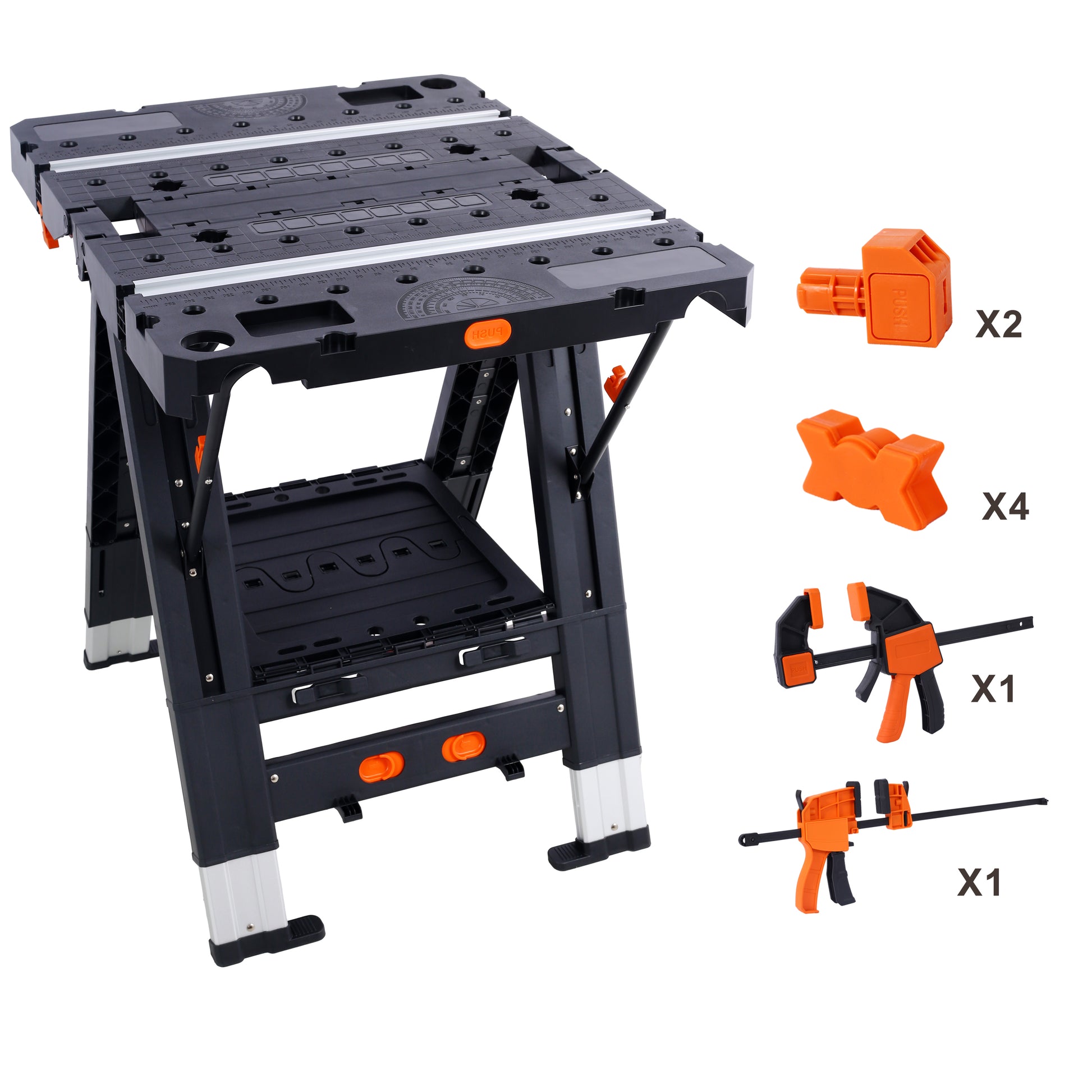 Portable Folding Work Table, 2 In 1 As Sawhorse & Workbench, Large Load Capacity With 2Pcs Clamps Black Aluminium
