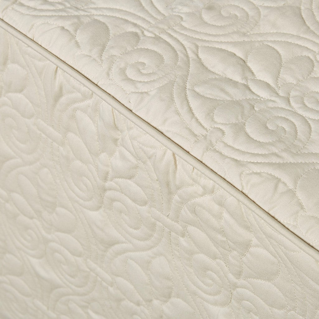 3 Piece Split Corner Pleated Quilted Bedspread Cream Queen Cream Polyester