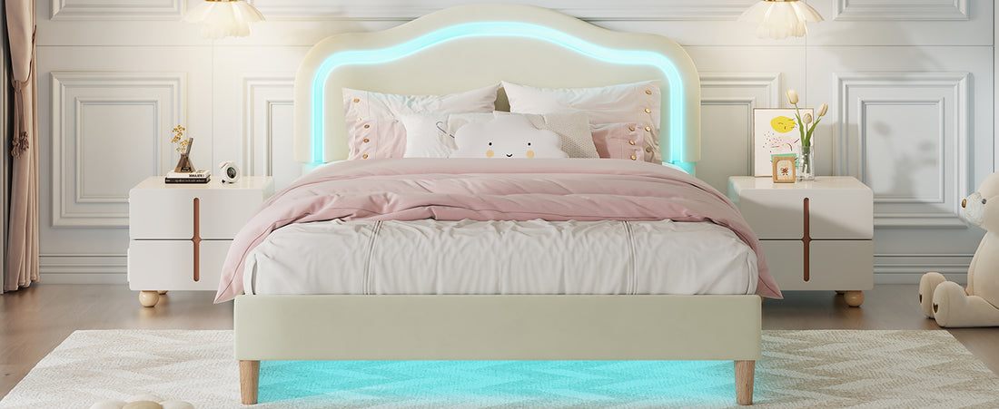 Full Size Velvet Upholstered Smart Led Bed Frame With Adjustable Height Headboard,No Box Spring Needed,Easy Assembly,Beige Box Spring Not Required Full Beige Wood Bedroom Cute,Modern Bed Frame Wood