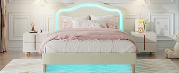 Full Size Velvet Upholstered Smart Led Bed Frame With Adjustable Height Headboard,No Box Spring Needed,Easy Assembly,Beige Box Spring Not Required Full Beige Wood Bedroom Cute,Modern Bed Frame Wood