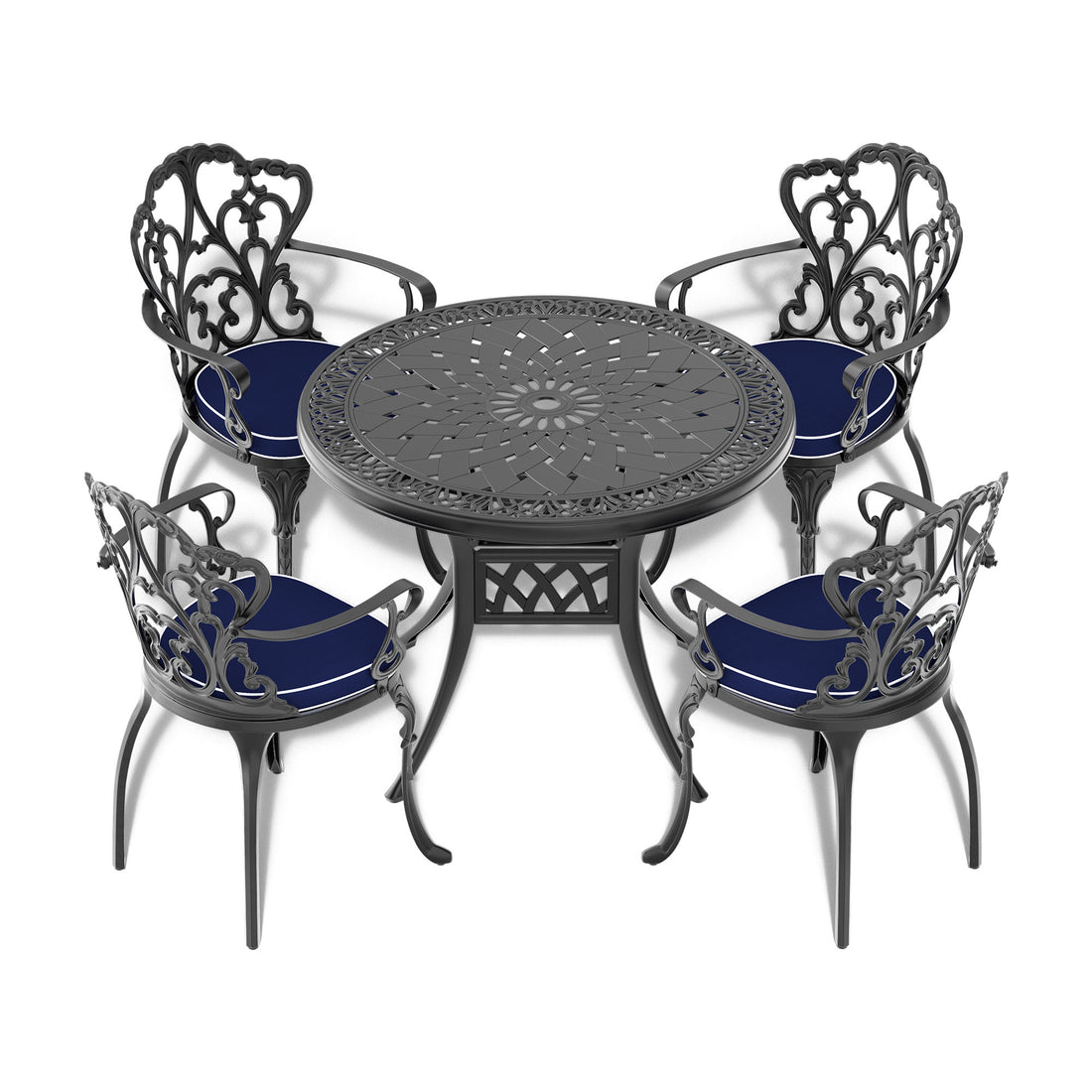 Cushions In Random Colors 5 Piece Set Of Cast Aluminum Patio Furniture With Cushions Yes Dining Set Black Seats 4 Rust Resistant Frame Water Resistant Cushion Garden & Outdoor Complete Patio Sets Aluminium