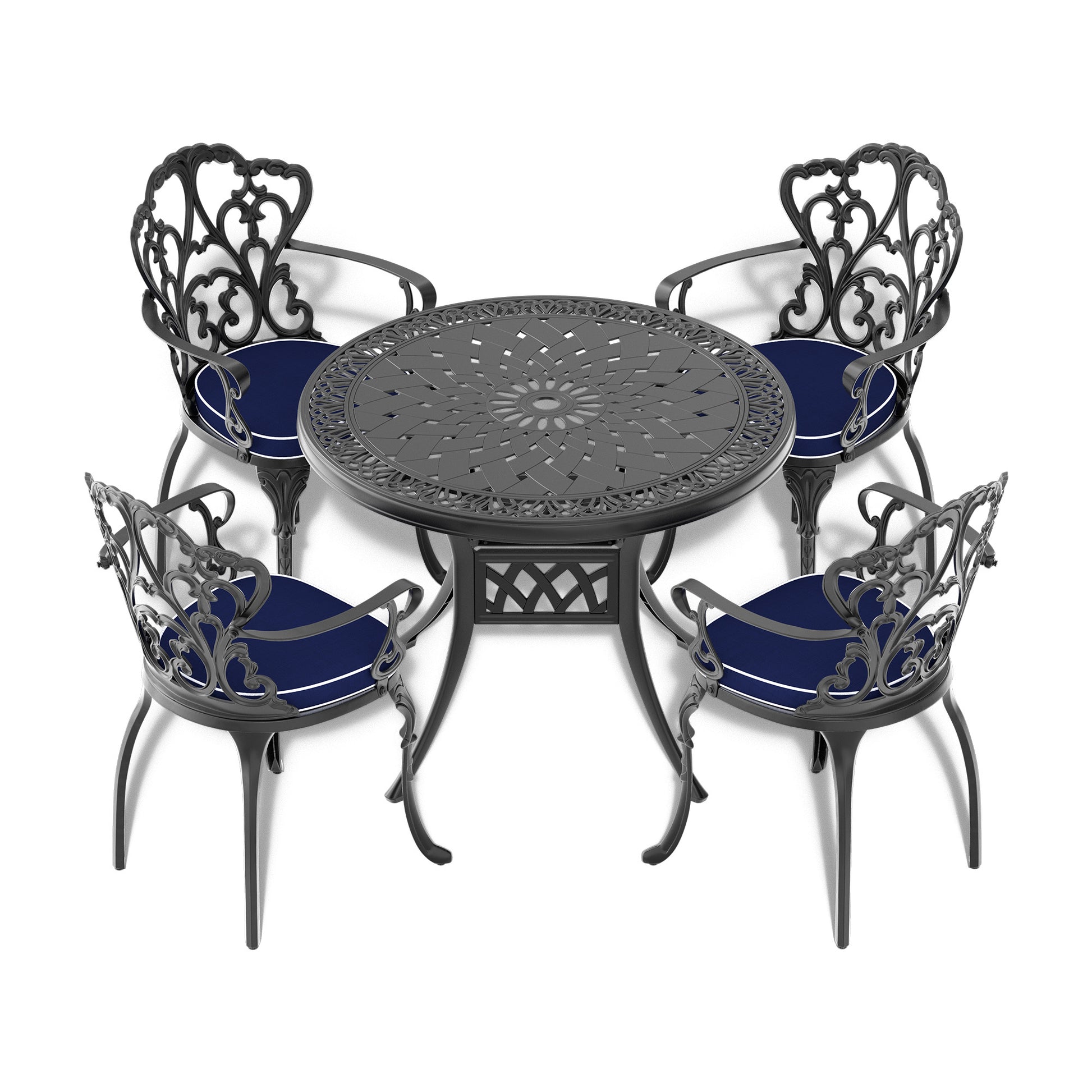 Cushions In Random Colors 5 Piece Set Of Cast Aluminum Patio Furniture With Cushions Yes Dining Set Black Seats 4 Rust Resistant Frame Water Resistant Cushion Garden & Outdoor Complete Patio Sets Aluminium