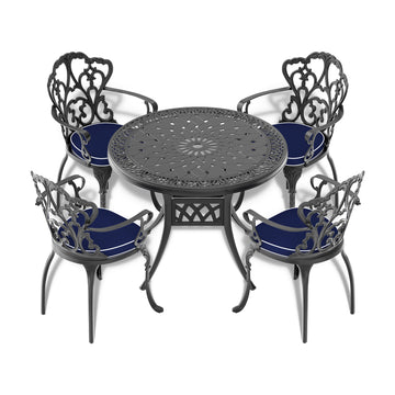 Cushions In Random Colors 5 Piece Set Of Cast Aluminum Patio Furniture With Cushions Yes Dining Set Black Seats 4 Rust Resistant Frame Water Resistant Cushion Garden & Outdoor Complete Patio Sets Aluminium