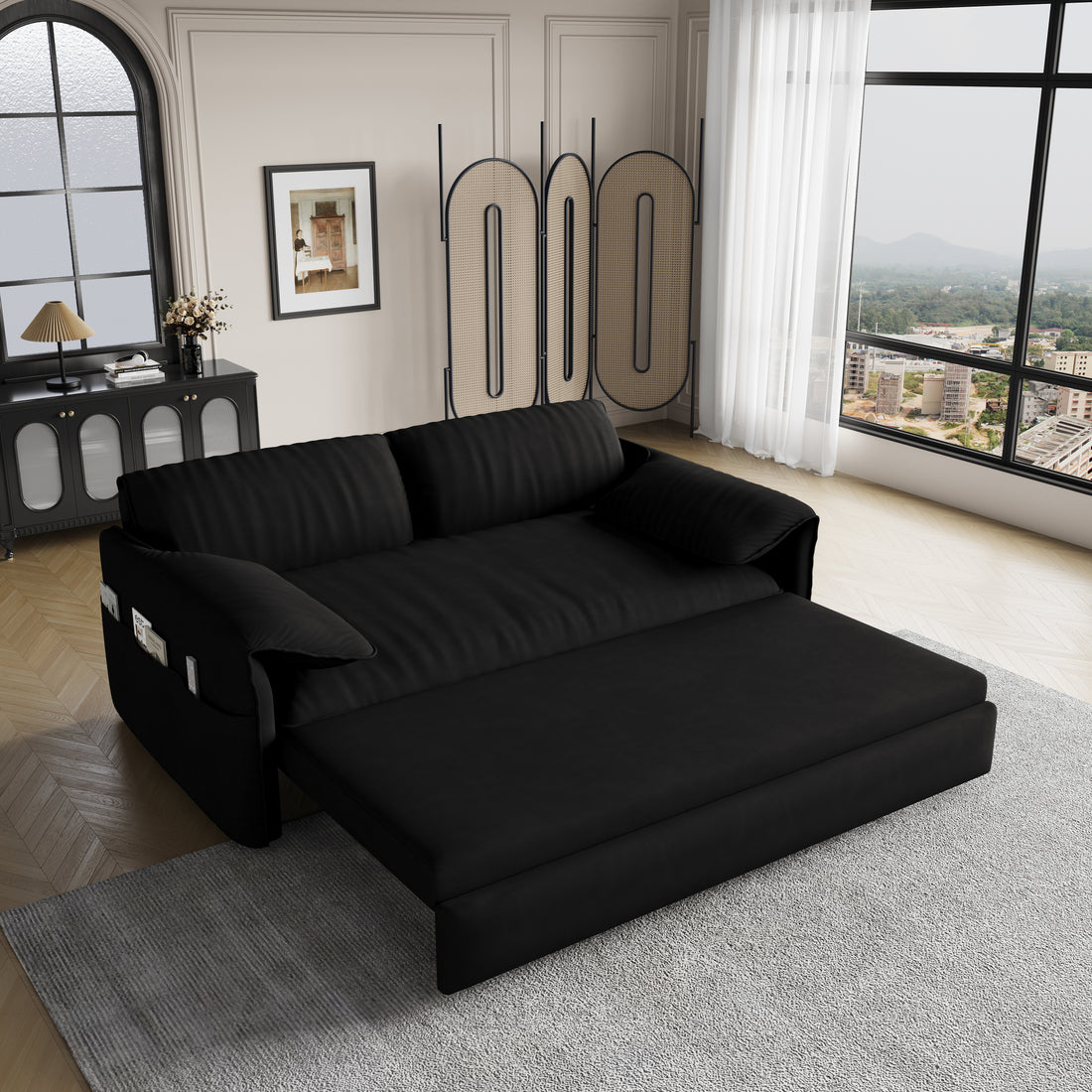 63.8" Queen Pull Out Sofa Bed, 3 In 1 Convertible Sleeper Sofa With Side Storage,Multi Functional Velvet Loveseat Bed For Living Room,Bedroom,Apartment,Office,Black Old Sku:W1885P151441 W1885P154638