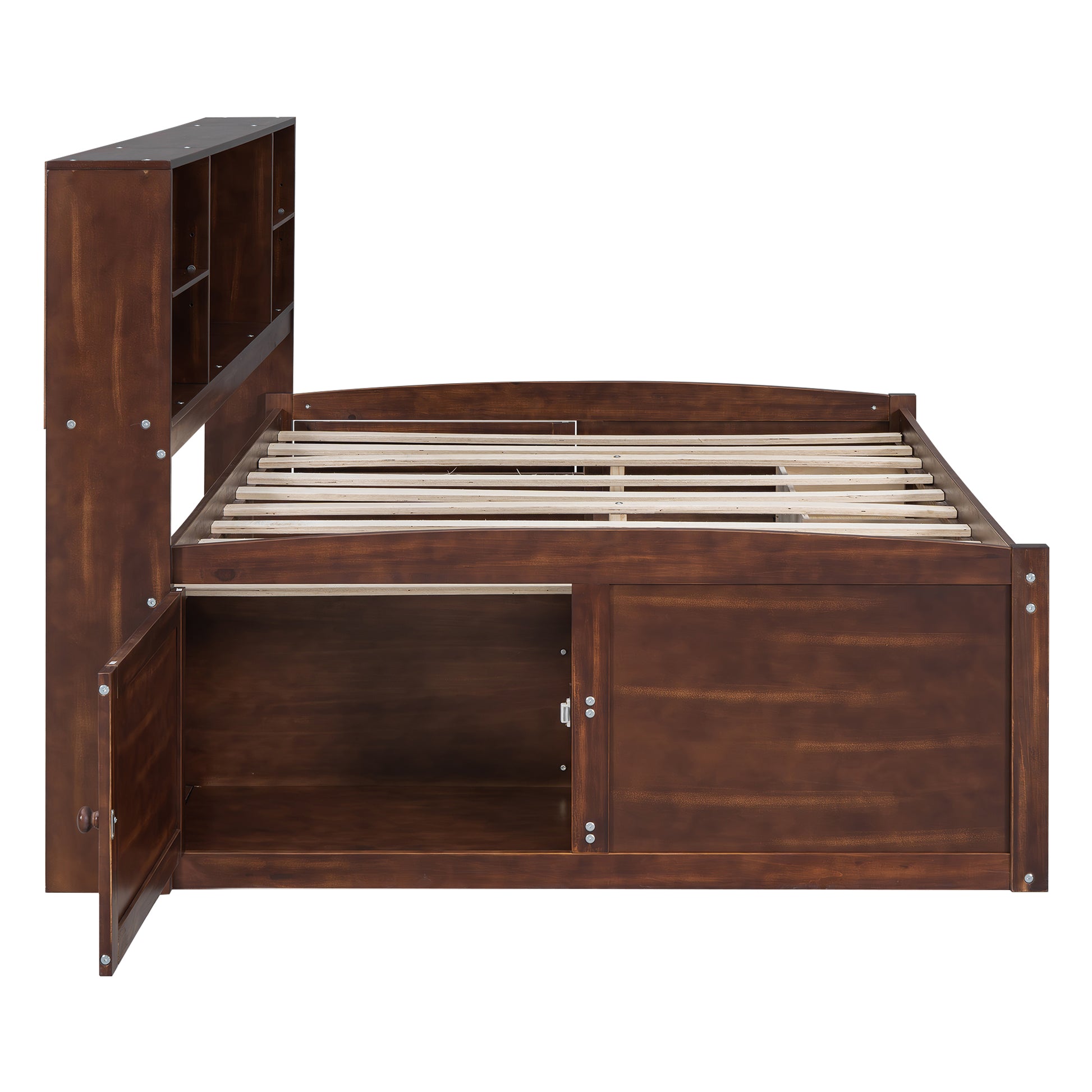 Full Size Wooden Captain Bed With Built In Storage Shelves, 4 Drawers And 2 Cabinets, Antique Brown Box Spring Not Required Full Antique Brown Wood Bedroom Bed Frame Solid Wood Mdf