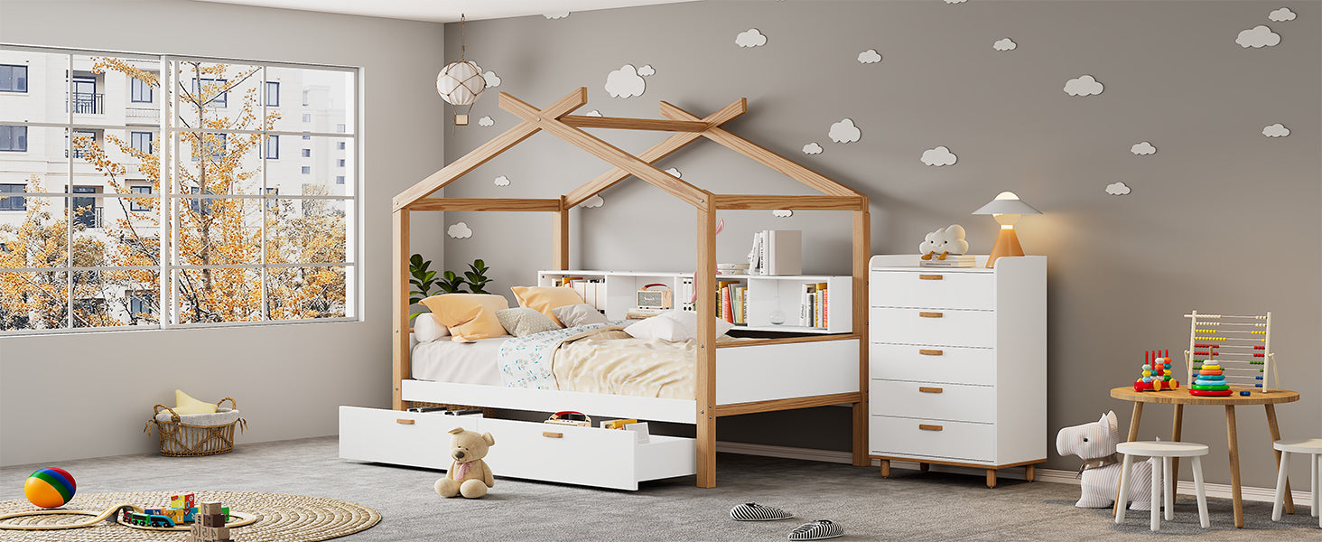 White Twin Size Wooden House Bed Original Wood Colored Frame With Two Drawers And Bookshelf Storage Space For Children Or Guest Room Twin White Wood