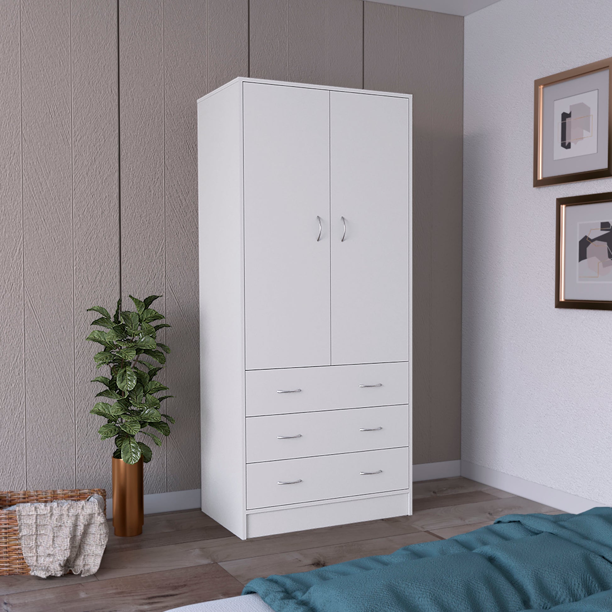 Armoire 71" H, With 2 Doors, 3 Drawers And 1 Hanging Rod, White White Solid Wood Mdf Engineered Wood