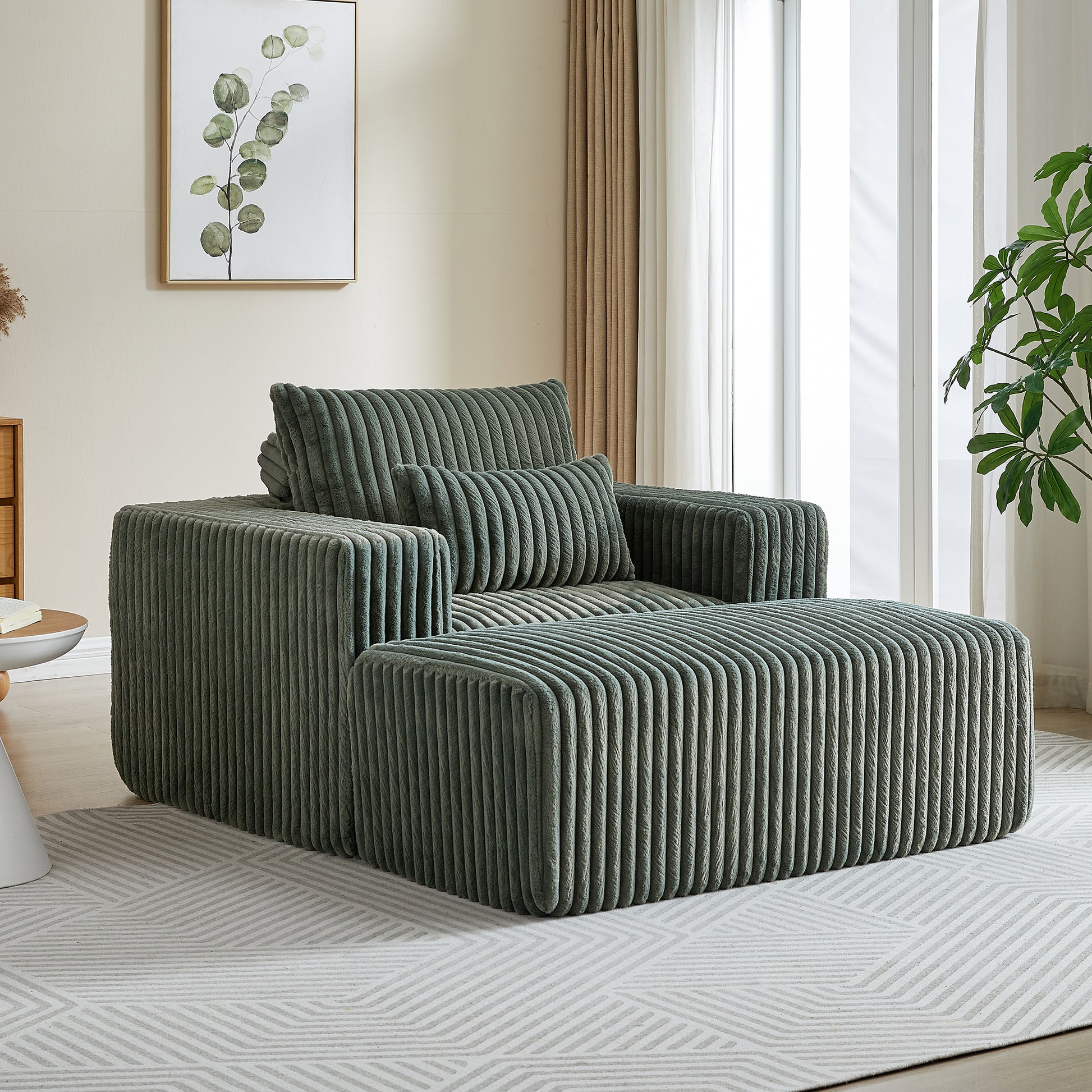 62.5 Inch Corduroy Sponge Sofa Lounge Chair With Removable Footrest,No Assembly Required,Fluffy Modern Sleeper Chair For Indoor Living Room Bedroom Army Green Foam Corduroy 1 Seat
