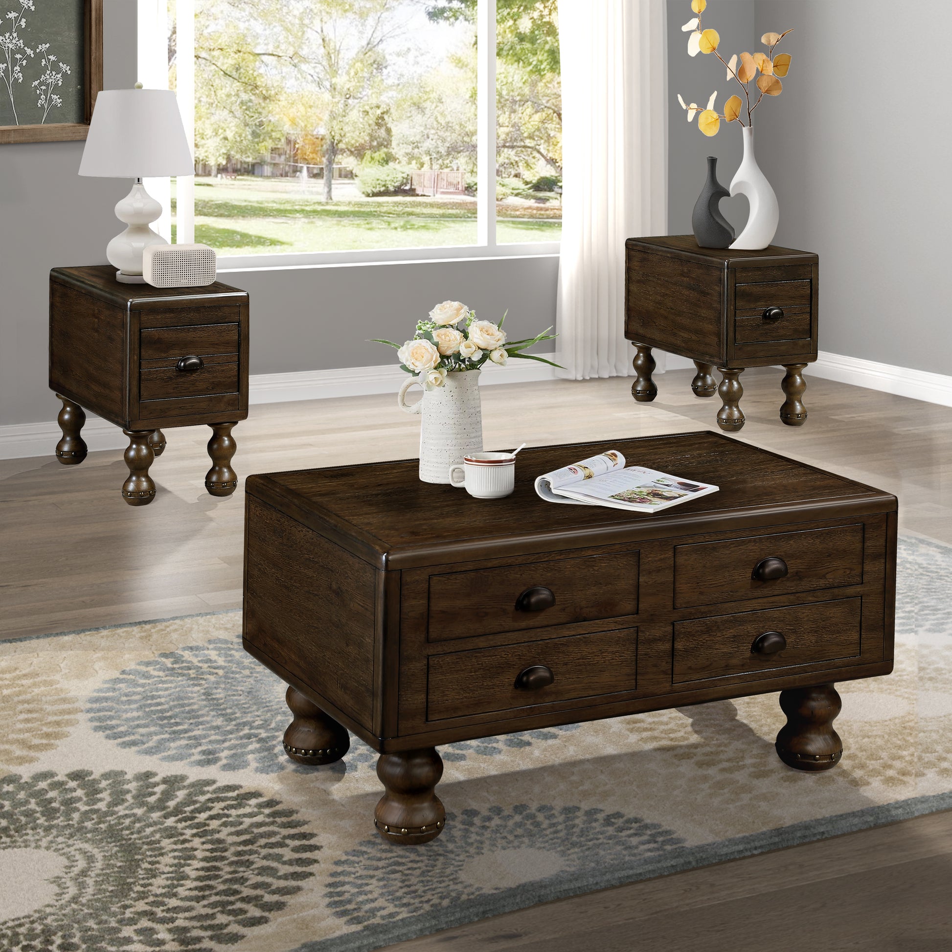 Rectangle Living Room Coffee Table Set, 3 Piece Solid Wood Living Room Table Set, 1 Coffee Table And 2 End Table, Wood Center Table Tea Table Set With Rivet Decoration Legs.Easy Assembly, Espresso Espresso Pine