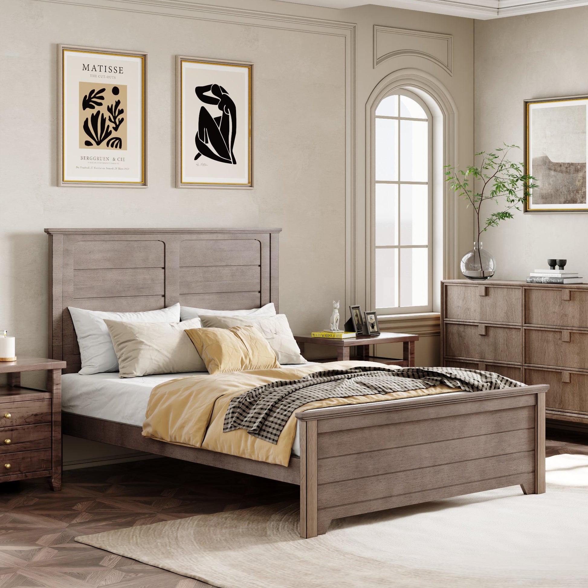 Farmhouse Wooden Platform Full Size Bed With Panel Design Headboard And Footboard For Teenager, Ash Brown Full Ash Brown Pine