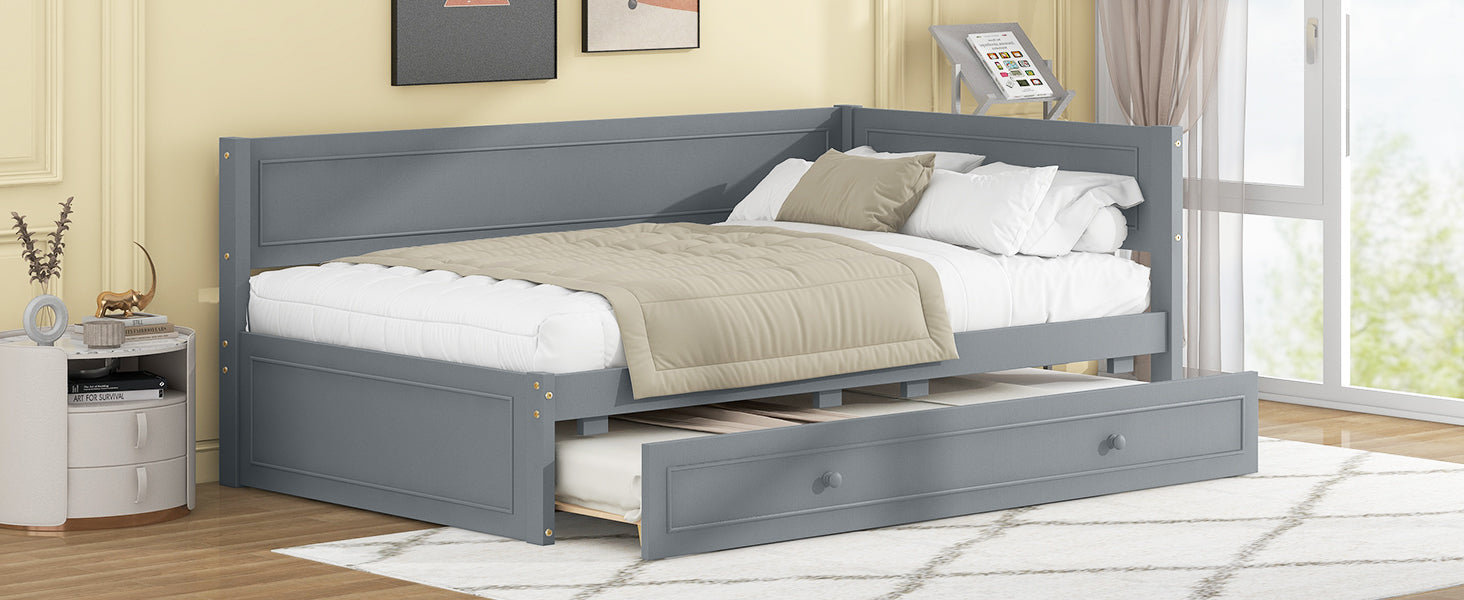 Twin Size Wood Daybed With Trundle And Guardrail, Gray Box Spring Not Required Gray Wood Solid Wood Mdf