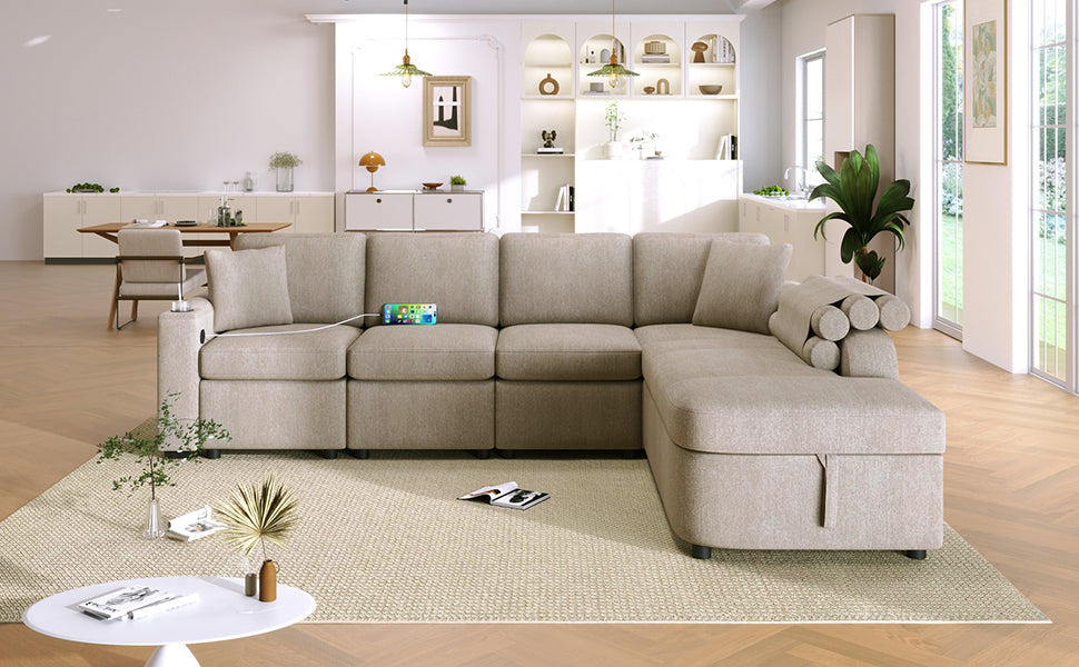 109.8"L Shaped Couch Sectional Sofa With Storage Chaise,Cup Holder And Usb Ports For Living Room, Beige Beige Foam Chenille 4 Seat