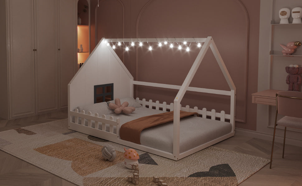 Full Size Wood House Bed With Window And Fence, White Old Sku: Wf304147Aak Box Spring Not Required Full White Wood Bedroom Pine Bed Frame Solid Wood Mdf