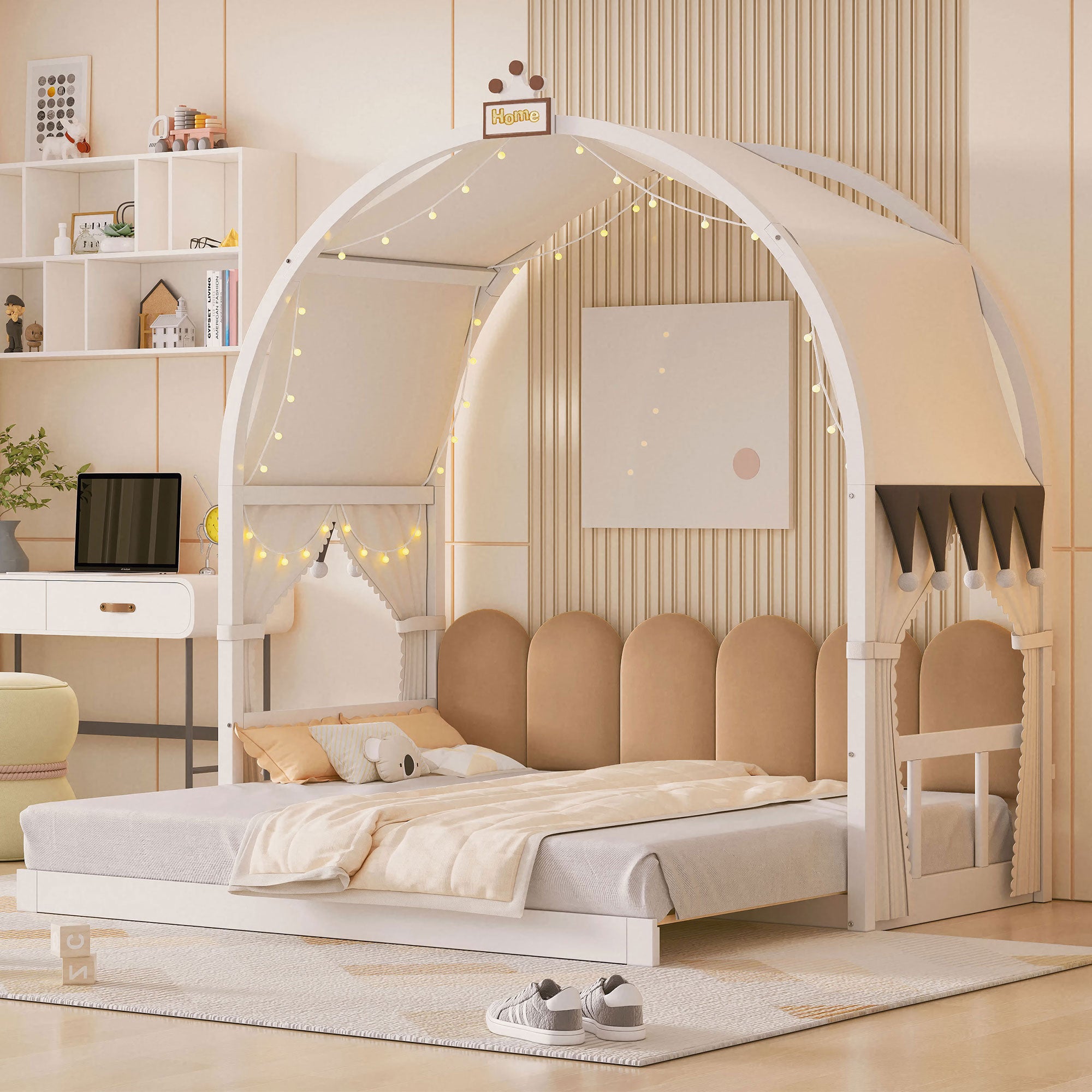 Twin Size Extended Bed With Arched Roof And Trundle, White Twin White Plywood