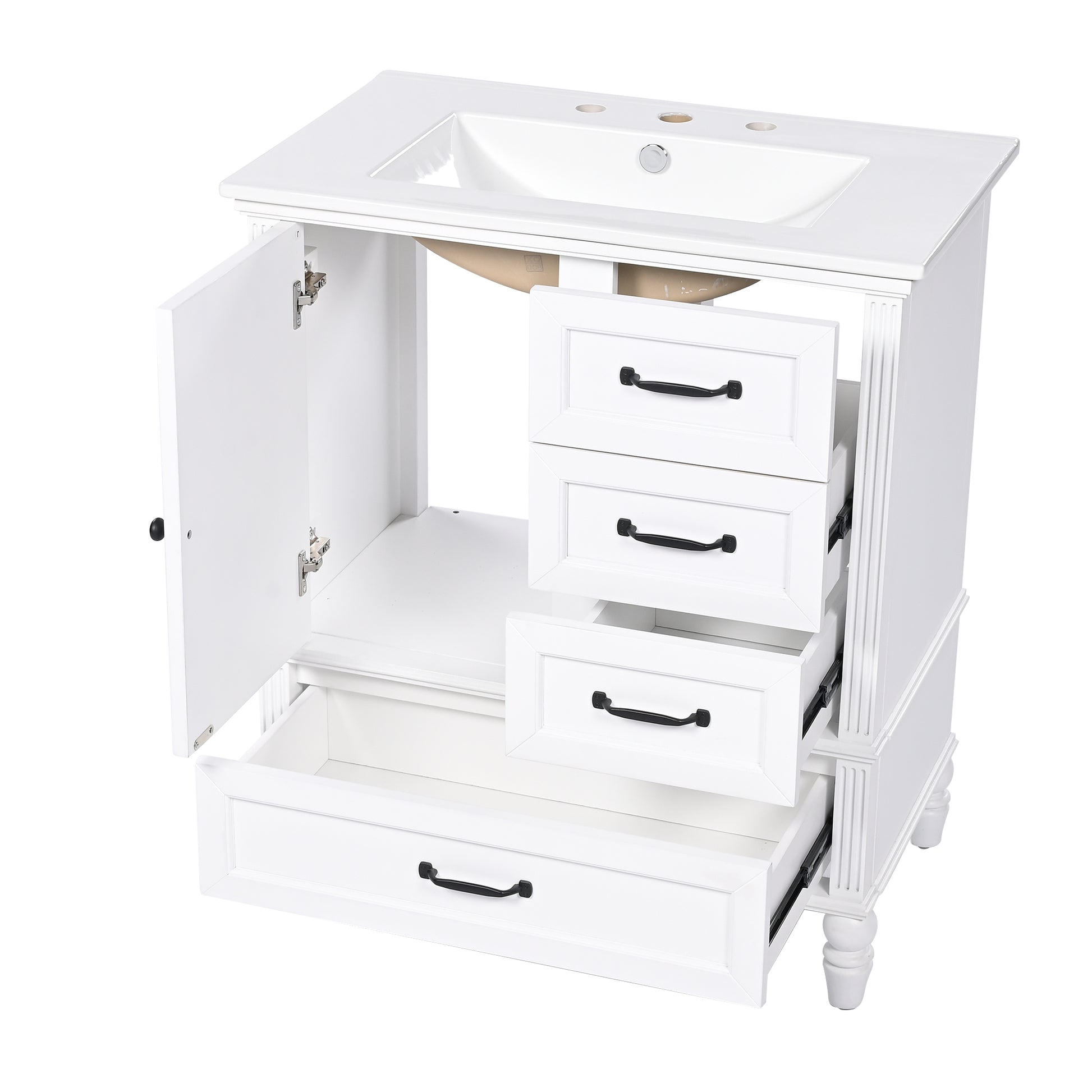 30" Bathroom Vanity With Sink, Bathroom Cabinet With A Door, Three Drawers, Solid Wood Legs & Mdf Board, Adiustable Foot Pads, White White Mdf