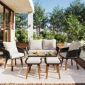 K&K 6 Piece Rope Patio Furniture Set, Outdoor Furniture With Acacia Wood Cool Bar Table With Ice Bucketdeep Seat Patio Conversation Set With Two Stools For Backyard Porch Balcony Black & Beige Yes Complete Patio Set Beige Black Seats 6 Weather Resistant