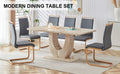 Table And Chair Set. Modern Minimalist Luxury Mdf Rectangular Dining Table With Textured Stickers On The Table And 6 Pu Synthetic Leather High Back Upholstered Side Chairs. Dark Gray Seats 6 Mdf