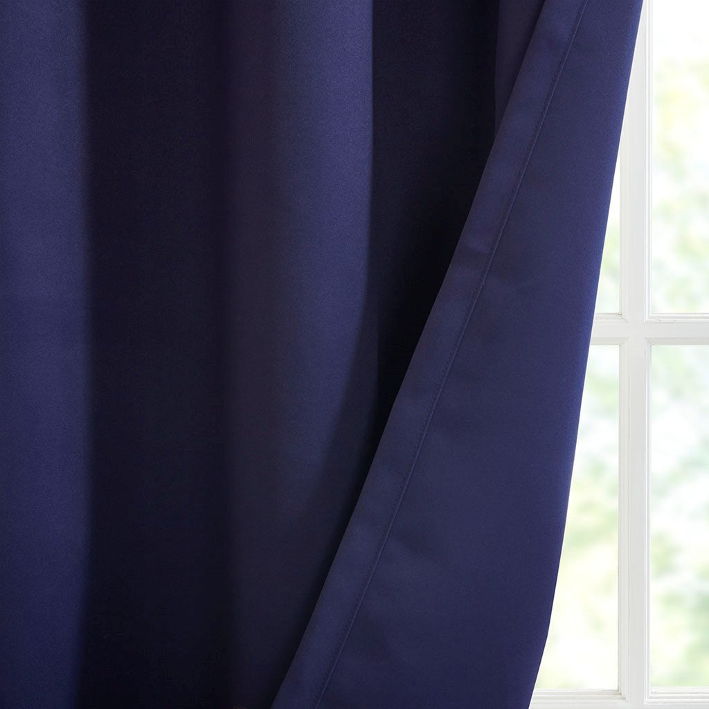 Solid Blackout Triple Weave Grommet Top Curtain Panel Pair Navy Polyester