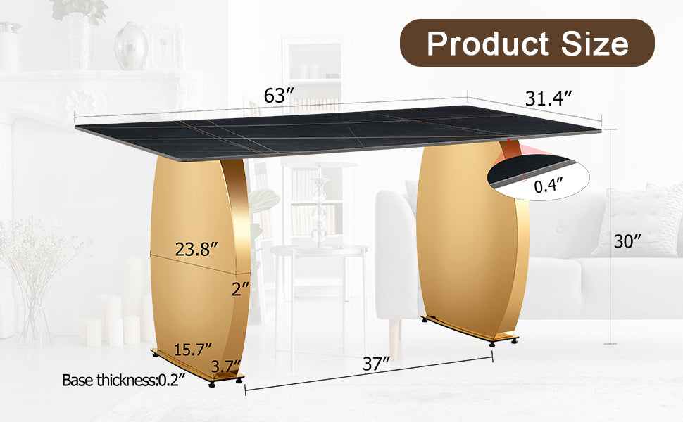 Modern Rectangular Table With 0.4 Inch Black Patterned Tabletop And Gold Legs, Suitable For Kitchen, Dining Room, And Living Room 63 Inches * 31.4 Inches * 30 Inches Gold Sintered Stone